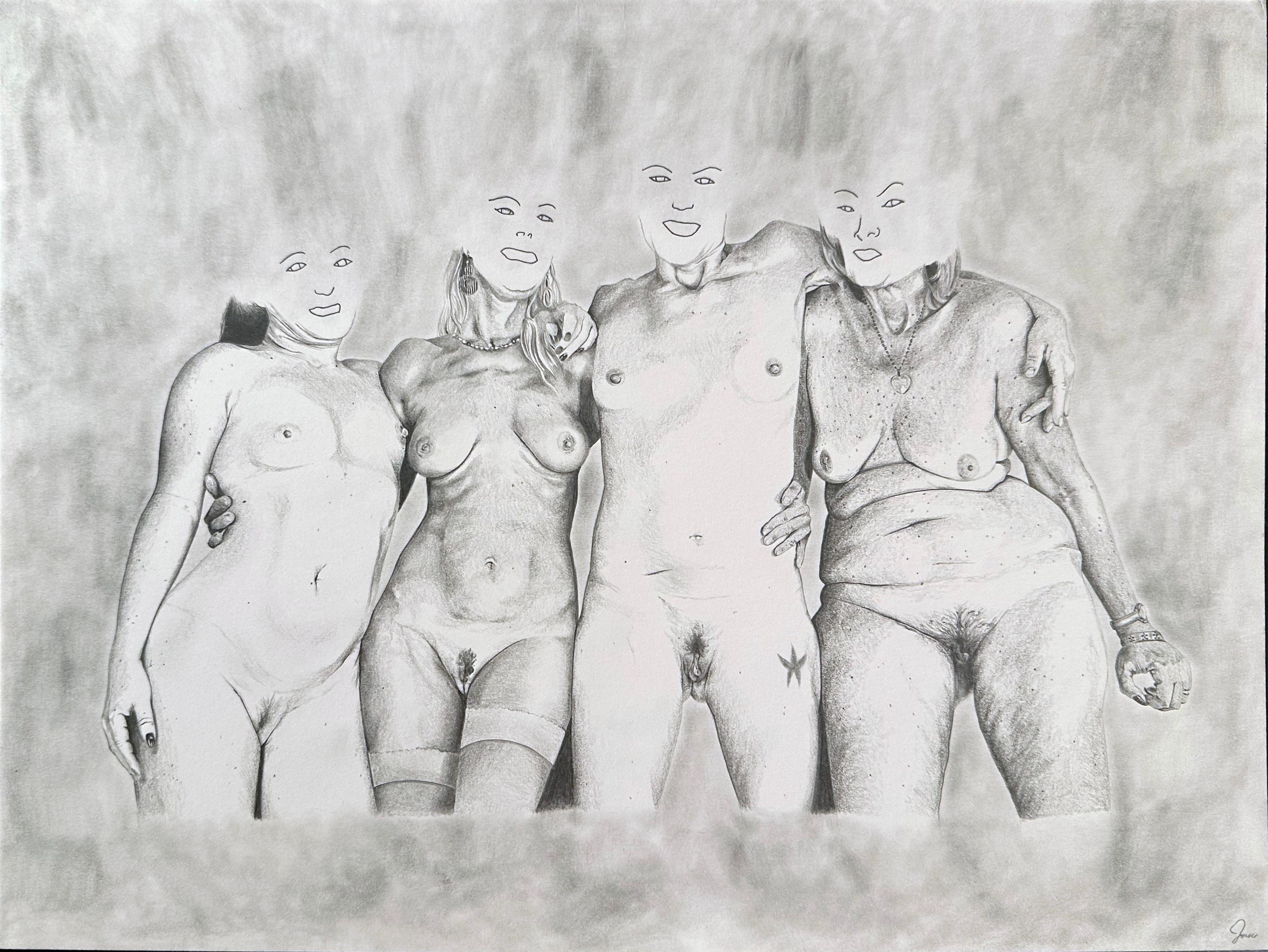 Apparitions - Quatre femmes nues posant, dessin au graphite, encadré