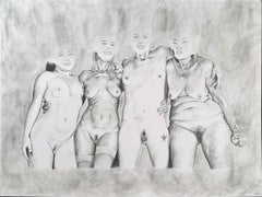 Apparitions - Quatre femmes nues posant, dessin au graphite, encadré