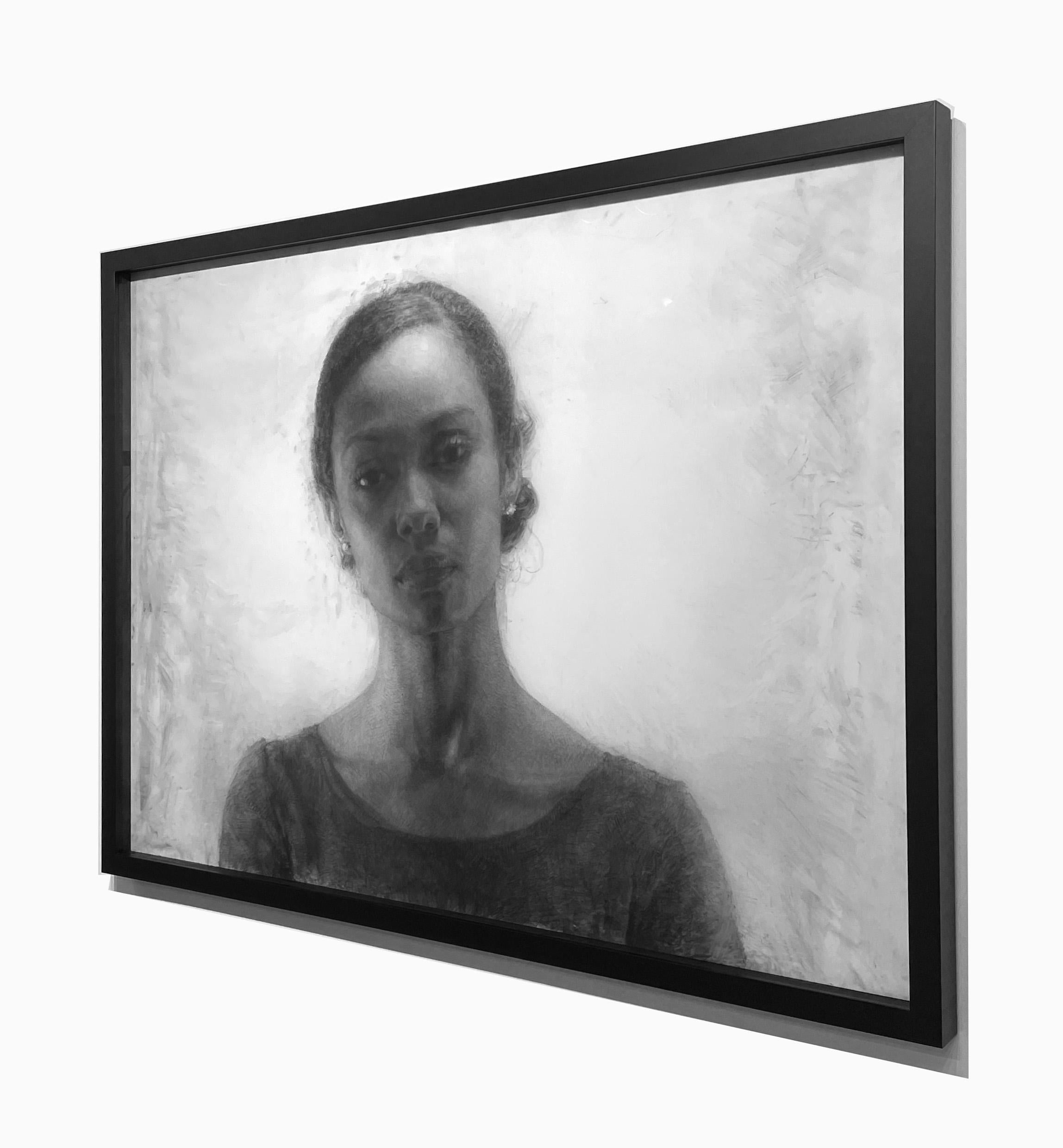 Portrait of Feleg Abraha - Large Scale Original Charcoal on Mylar, Framed - Contemporary Painting by Mary Borgman