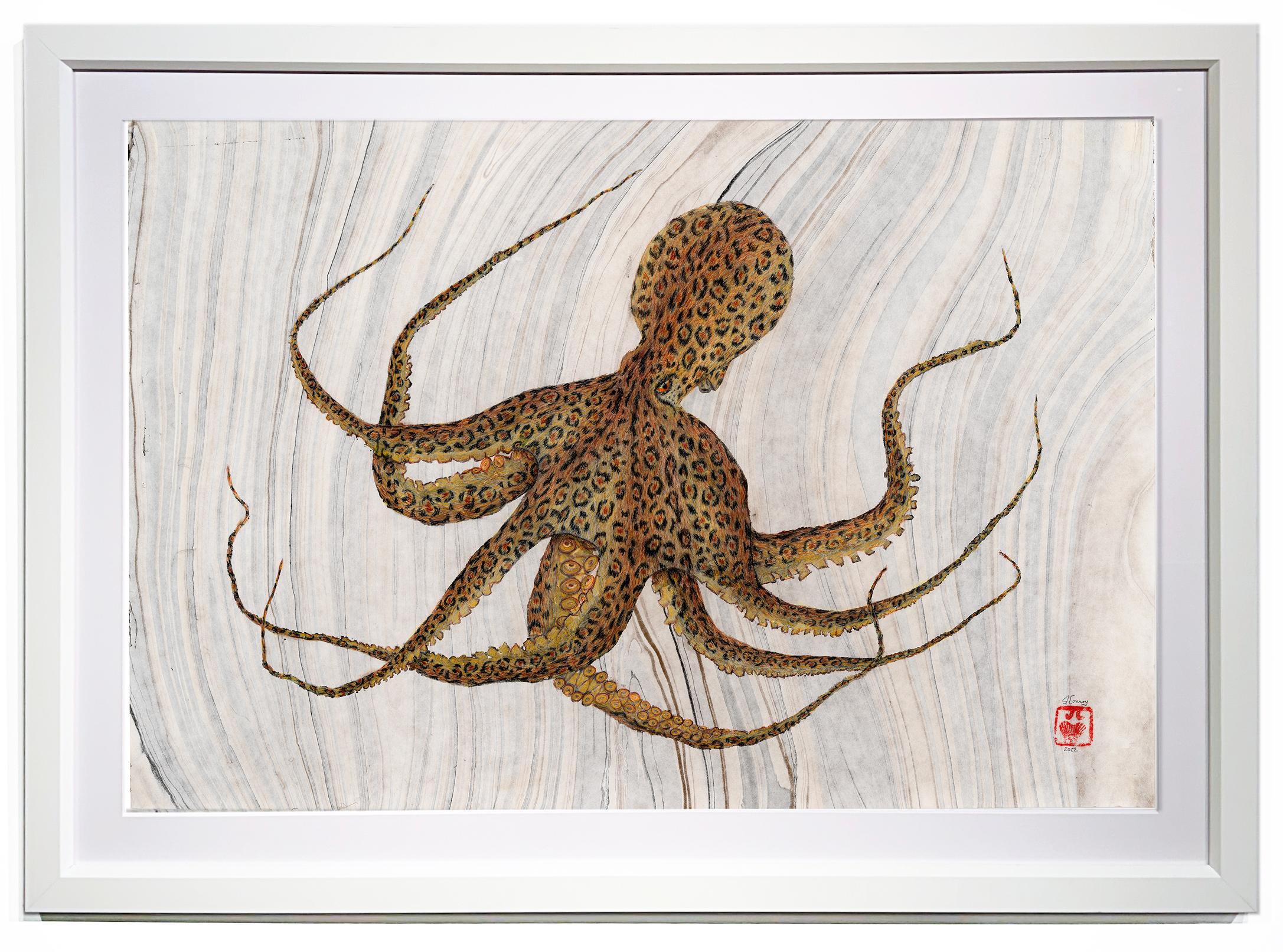 Cheetahpus – Gyotaku-Stil Japanisches Sumi-Tintegemälde im Gyotaku-Stil, Cheetah-Muster, Octopus gemustert