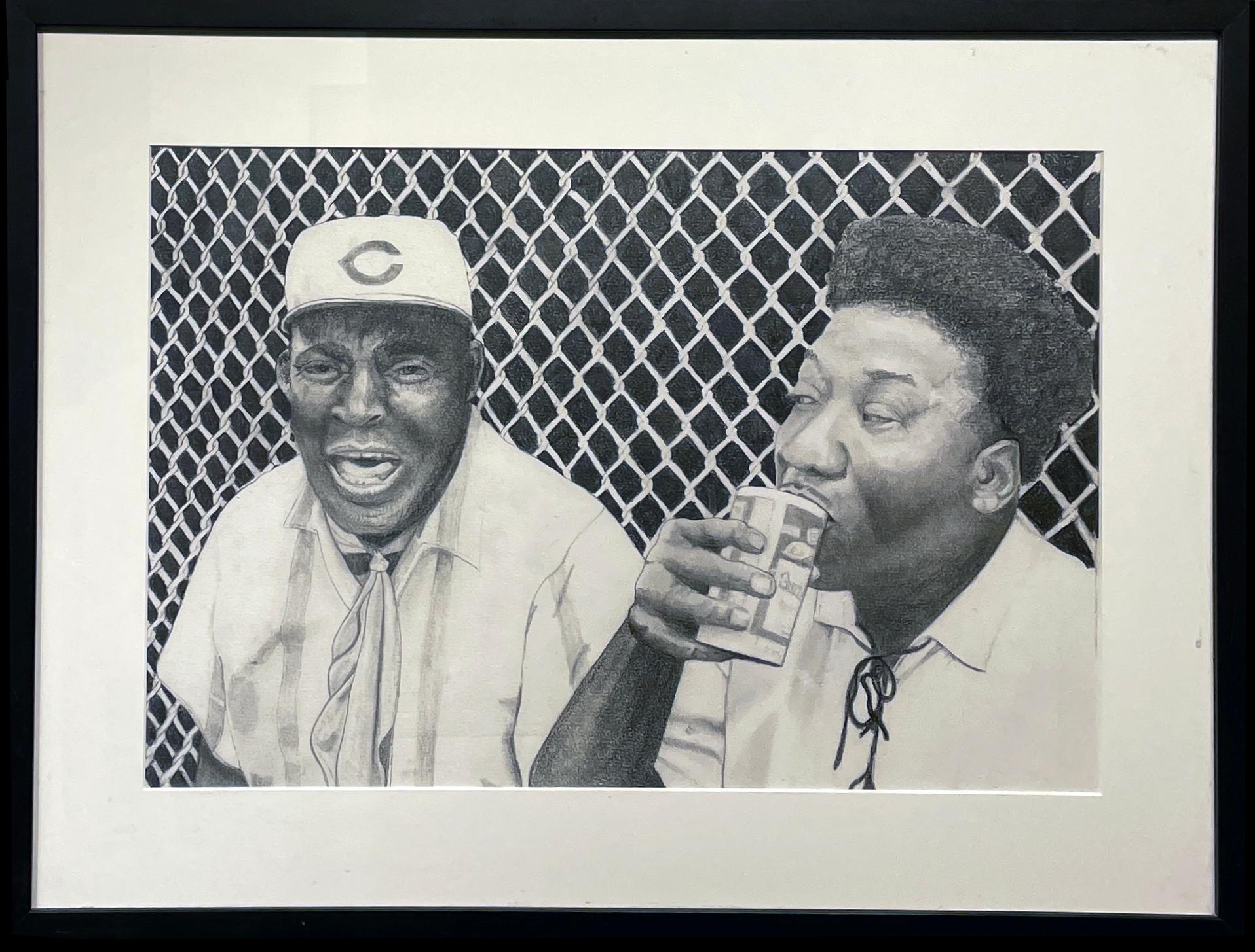 Howlin' Wolf and Muddy Waters - Chicago Blues Greats, Graphite on Paper, Framed - Gray Figurative Painting by Margie Lawrence