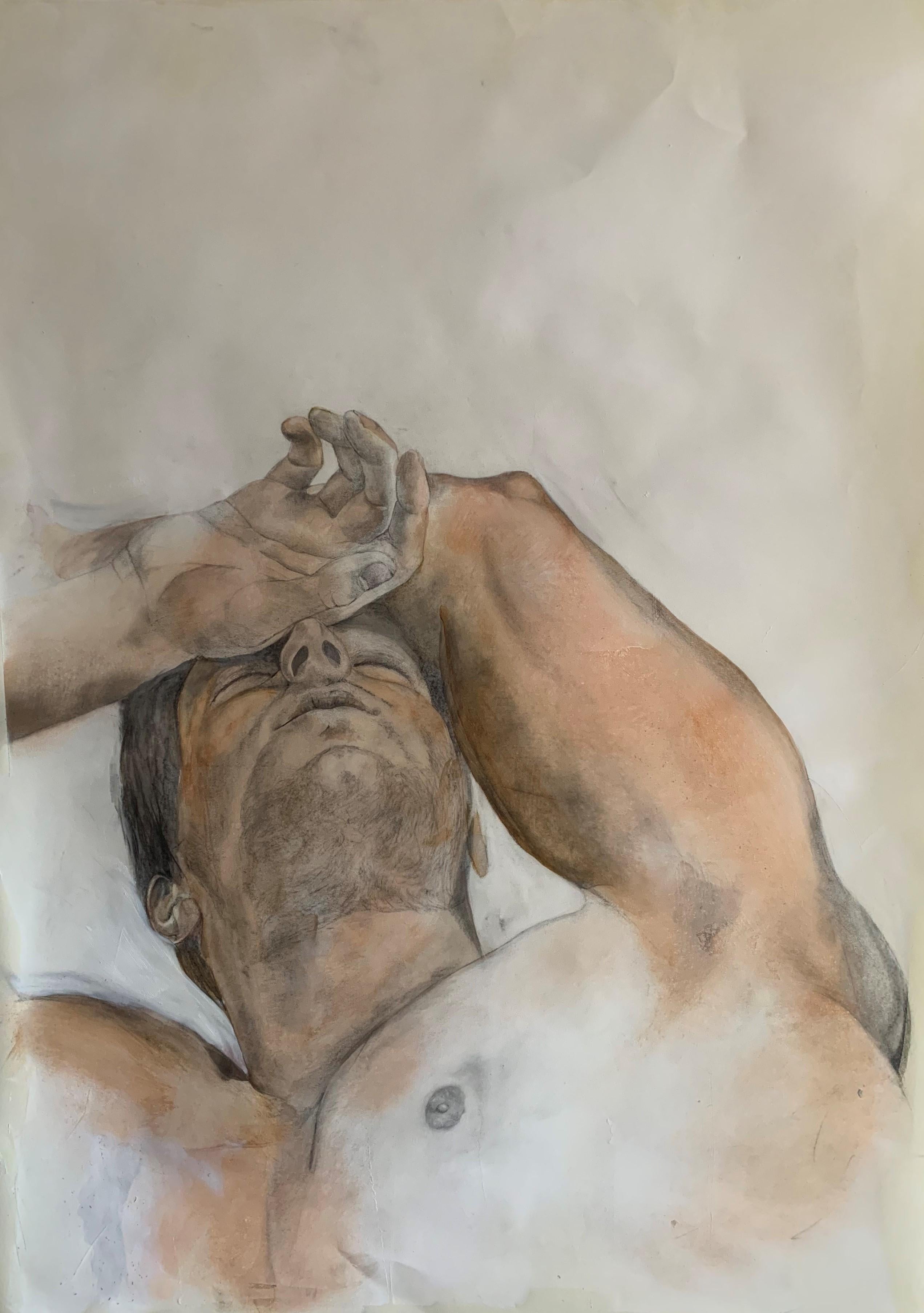 Rick Sindt Figurative Art - The Long History of Self - Male Nude Reclining, Oil & Graphite on Paper