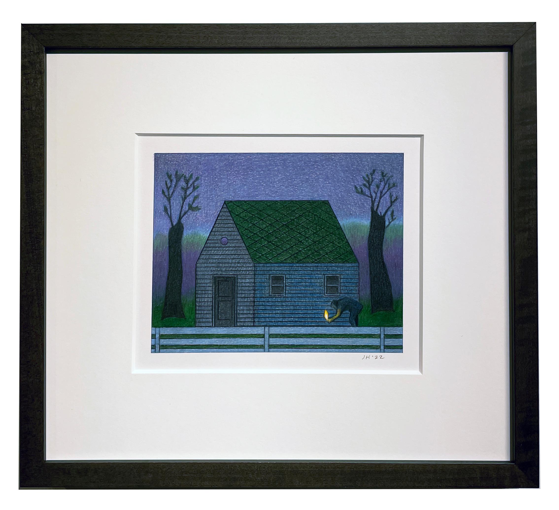 The Arsonist - Color Pencil Drawing, Surreal Nighttime Scene, Framed - Art by John Hrehov