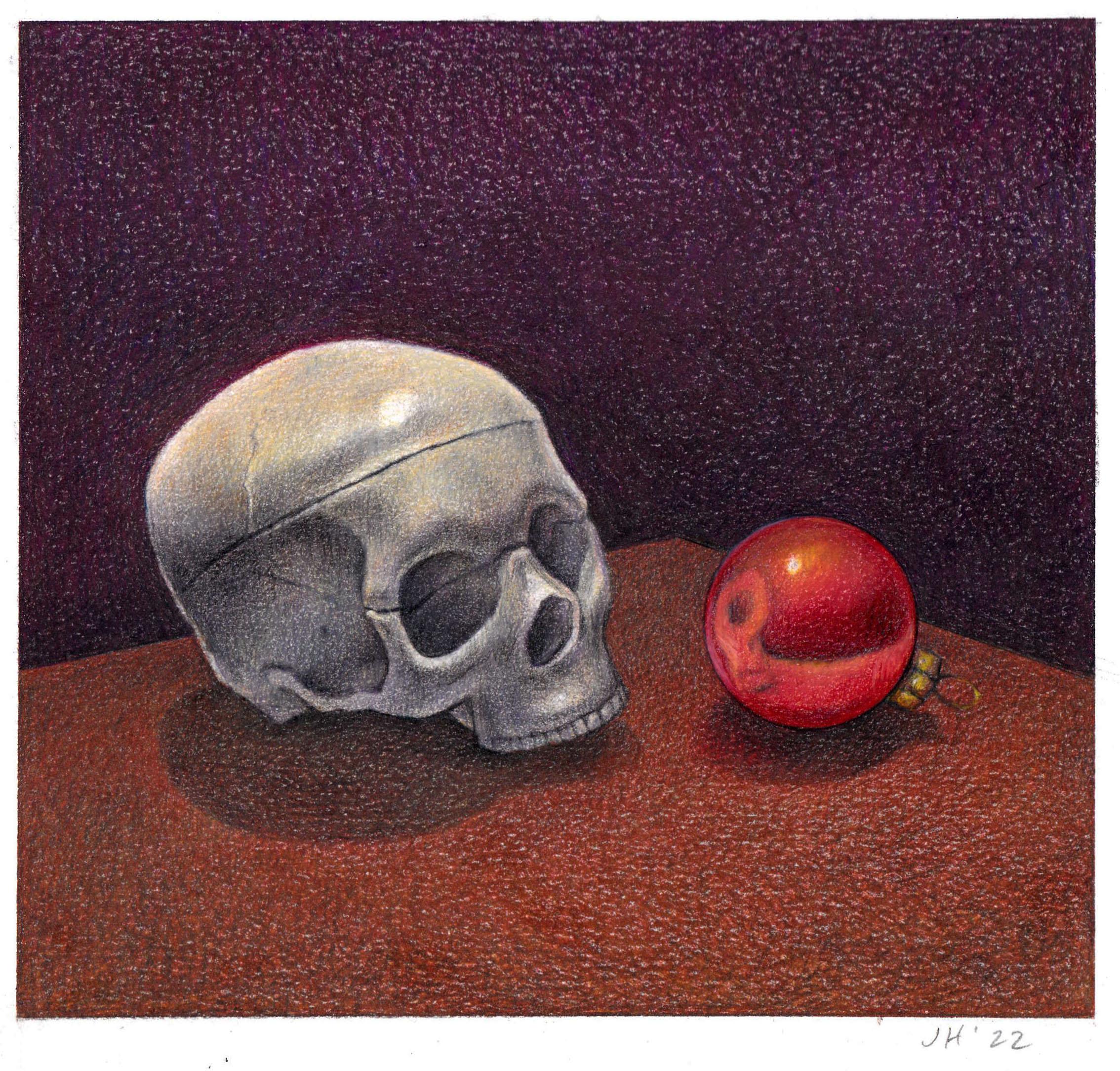 crâne et ornement - Vanitas, nature morte, dessin au crayon en couleur  Encadré