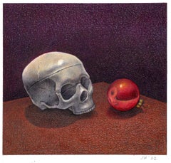 Skull and Ornament - Vanitas, Still Life, Color Pencil Drawing,  Framed