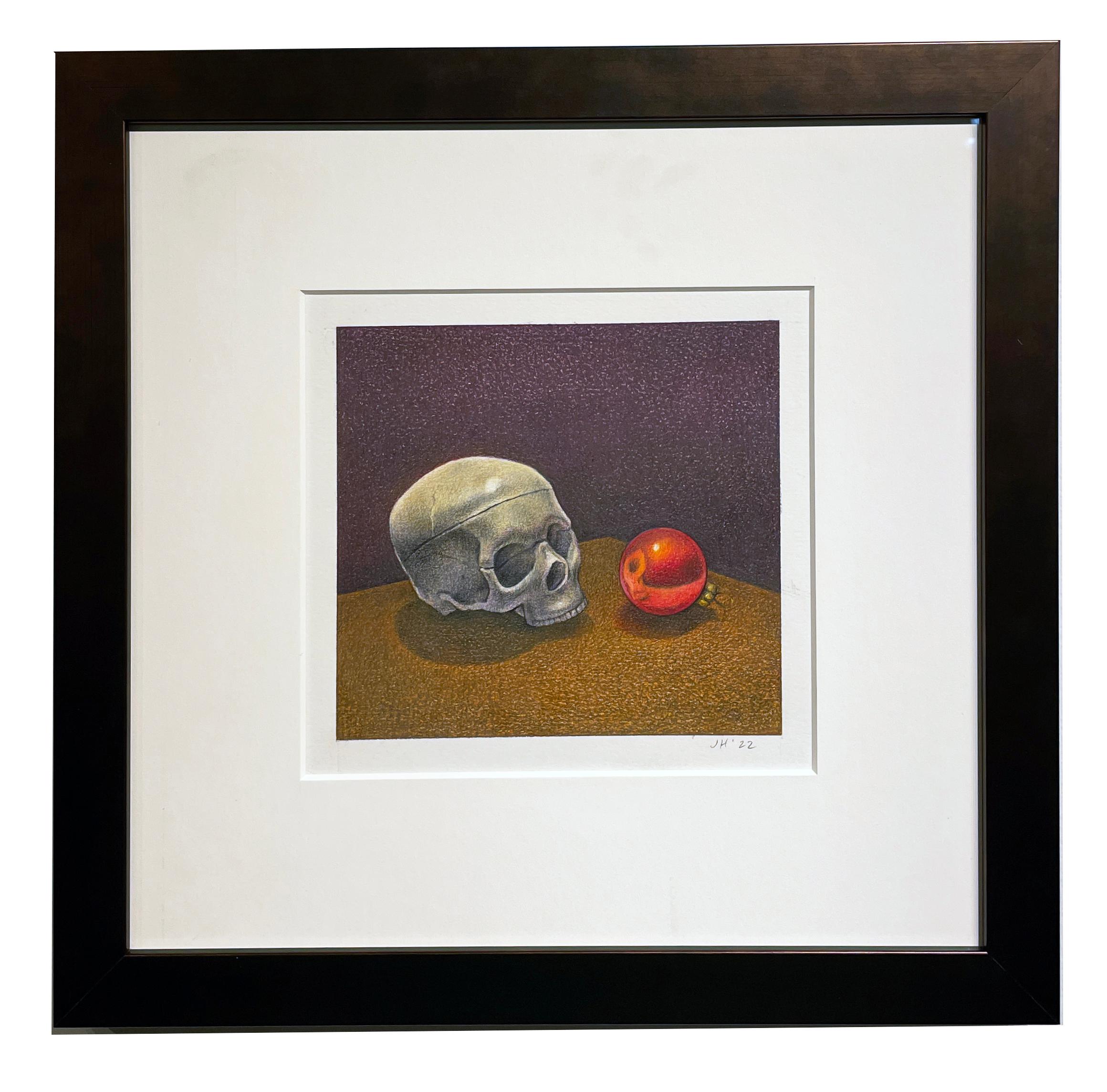 Skull and Ornament - Vanitas, Still Life, Color Pencil Drawing,  Framed - Art by John Hrehov
