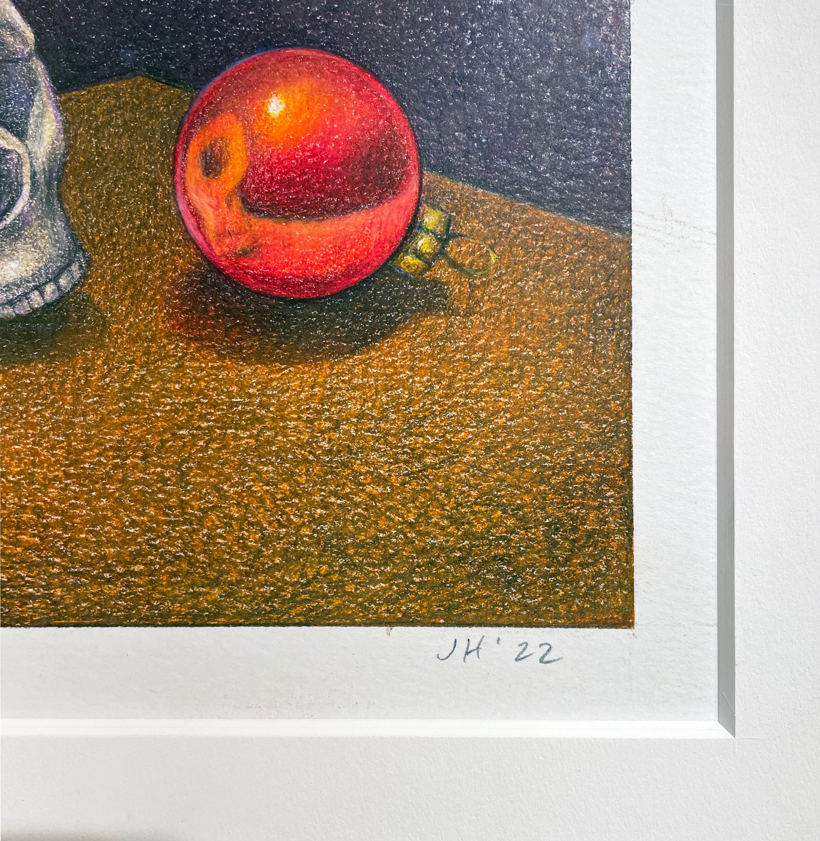 Skull and Ornament - Vanitas, Still Life, Color Pencil Drawing,  Framed - Surrealist Art by John Hrehov