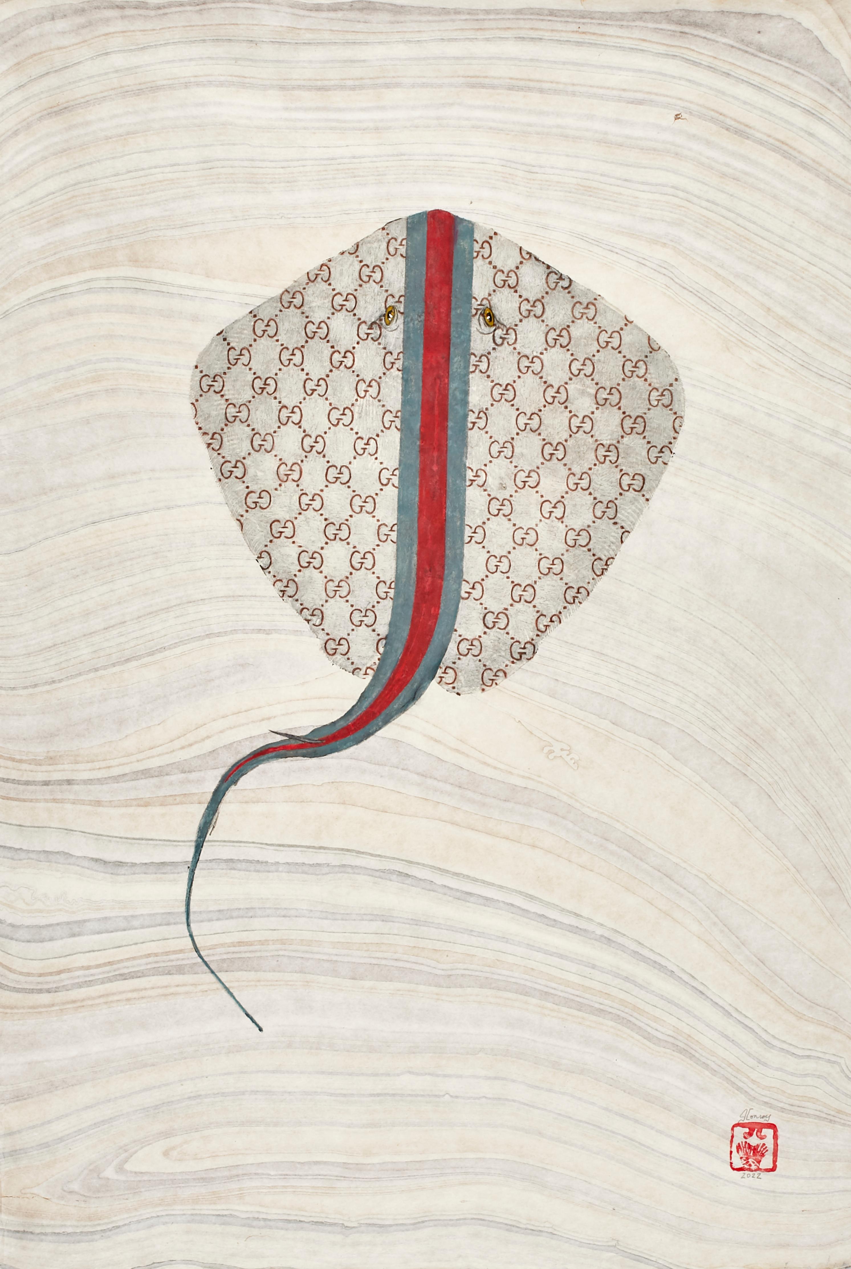 Encre Sumi sur papier Mulberry de Gucci Ray, œuvre d'art originale, style Gyotaku