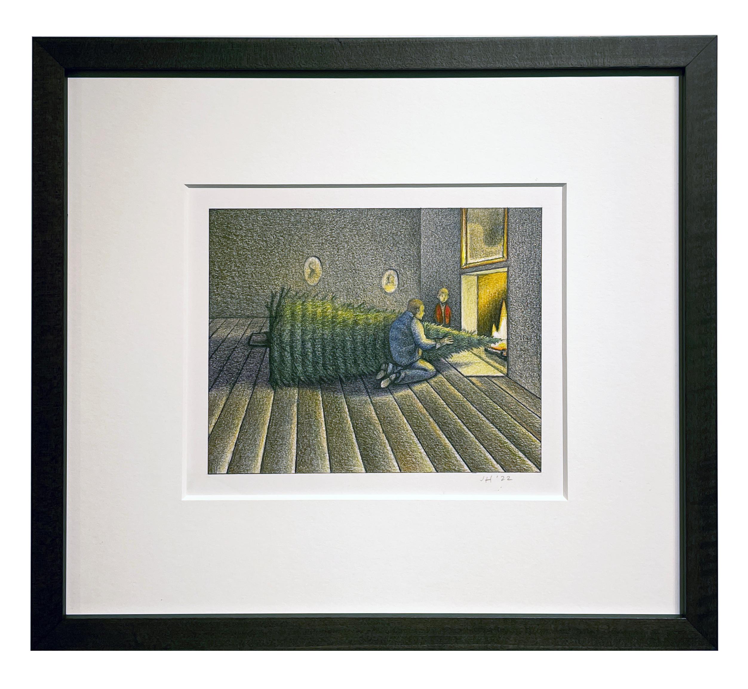 Holiday End - Color Pencil Drawing, Surreal Christmas Scene, Framed - Art by John Hrehov