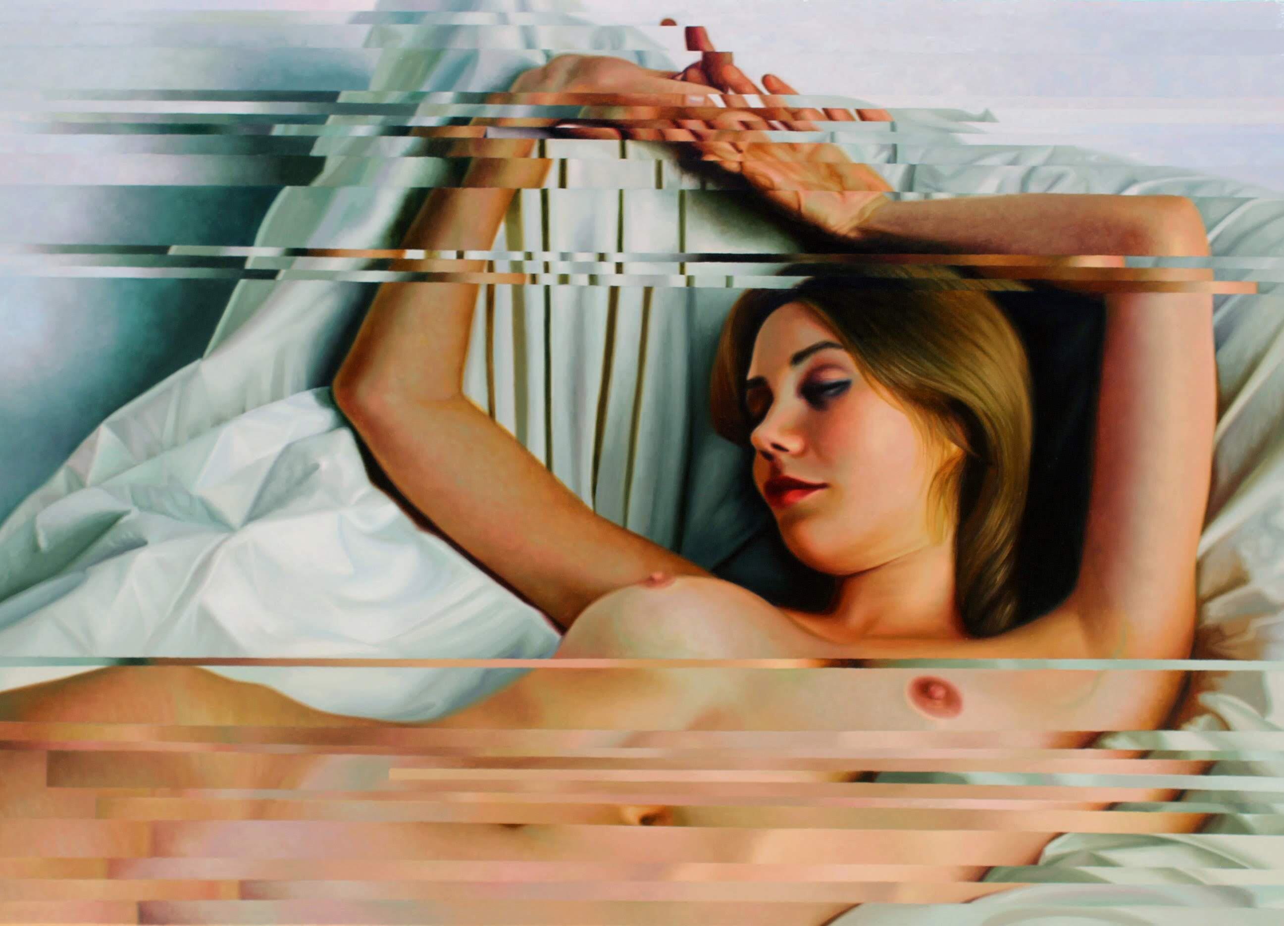 Glitch - Reclining Female Nude, Distorted with Lines, Oil on Canvas - Art by Shuta Ruelas