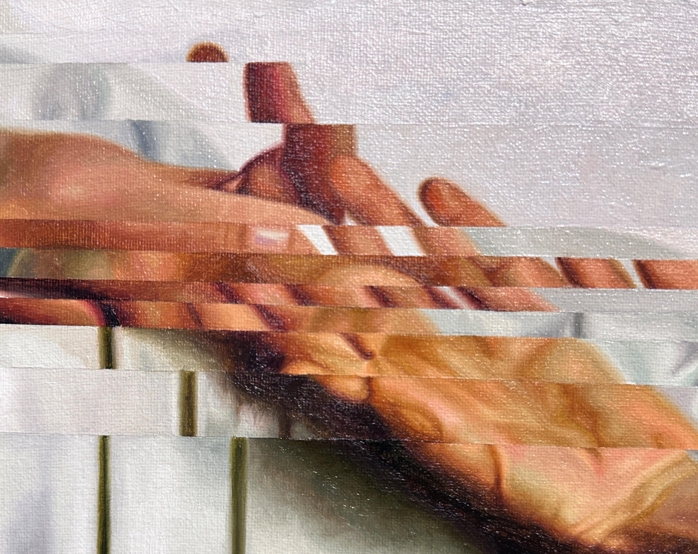 Glitch - Liegender weiblicher Akt, gedämpft mit Linien, Öl auf Leinwand (Braun), Nude, von Shuta Ruelas