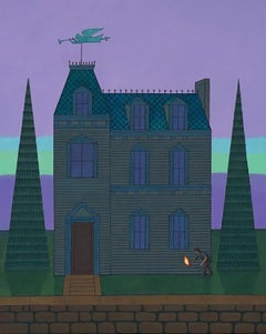 The Arsonist, Surreal Scene, Mansion Shrouded in Darkness, Lone Figure w/ Match
