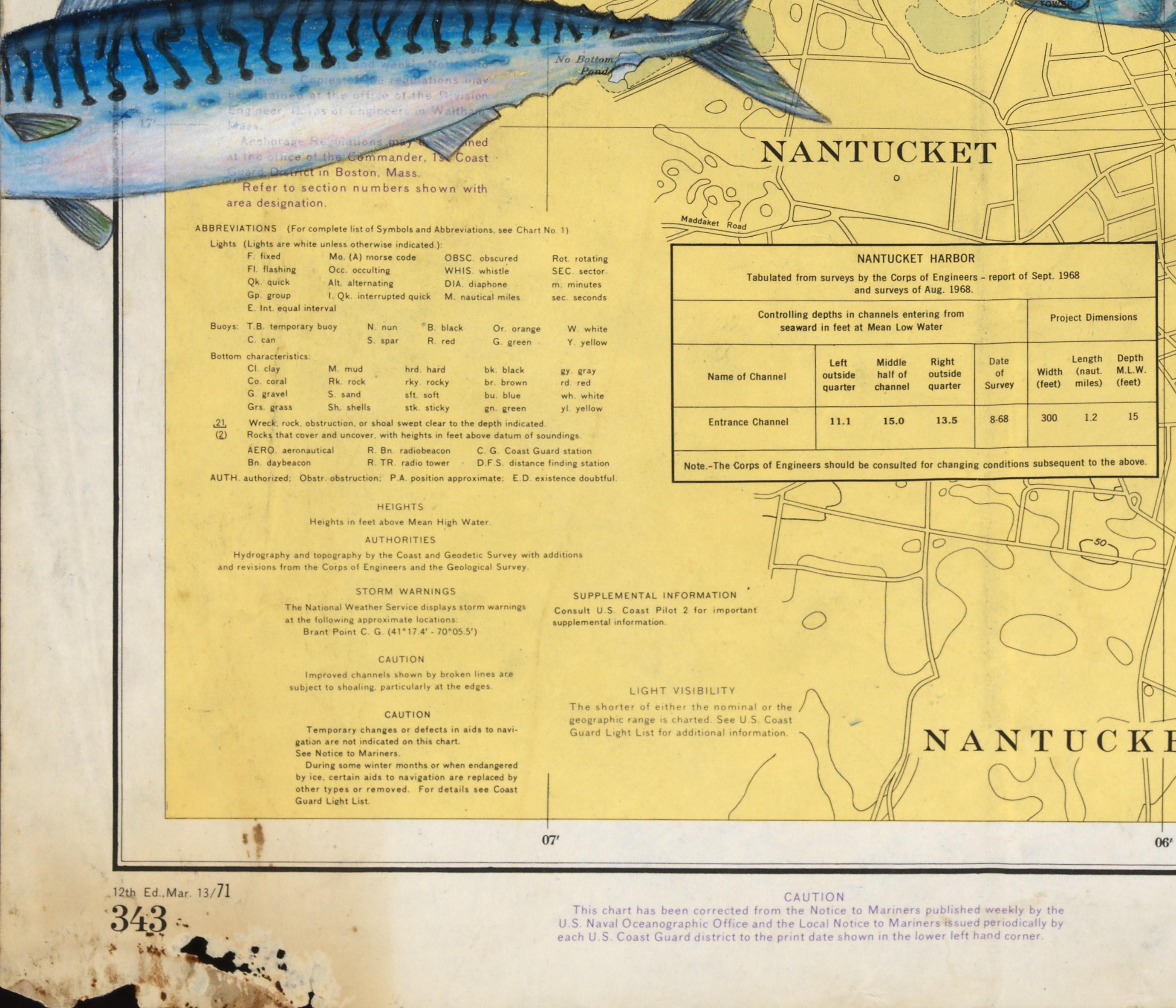 Nantucket Mack Pack - A Gathering of Mackerel on a Vintage Nautical Map - Contemporary Painting by Jeff Conroy
