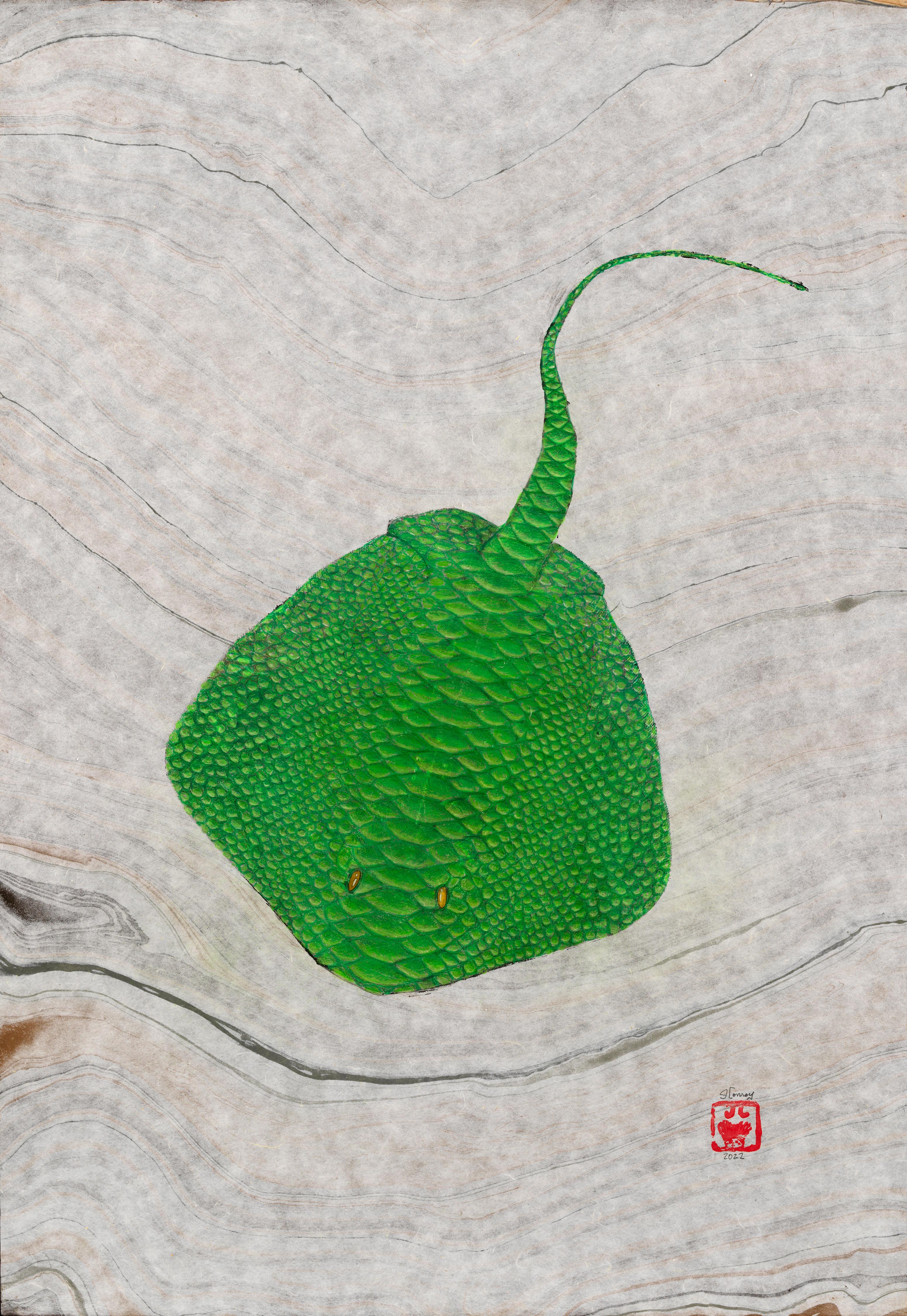 Sleestak Ray – Gyotaku-Stil Druck eines Sting Ray, verschönert mit hellen Grüntönen