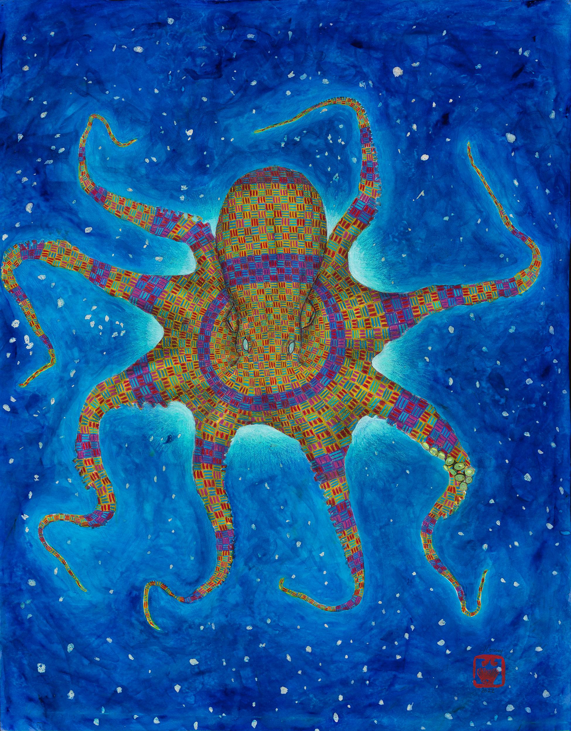Jeff Conroy Animal Painting - UFO (Unidentified Flying Octopus) - Gyotaku Style Print,  Psychedelic Pattern