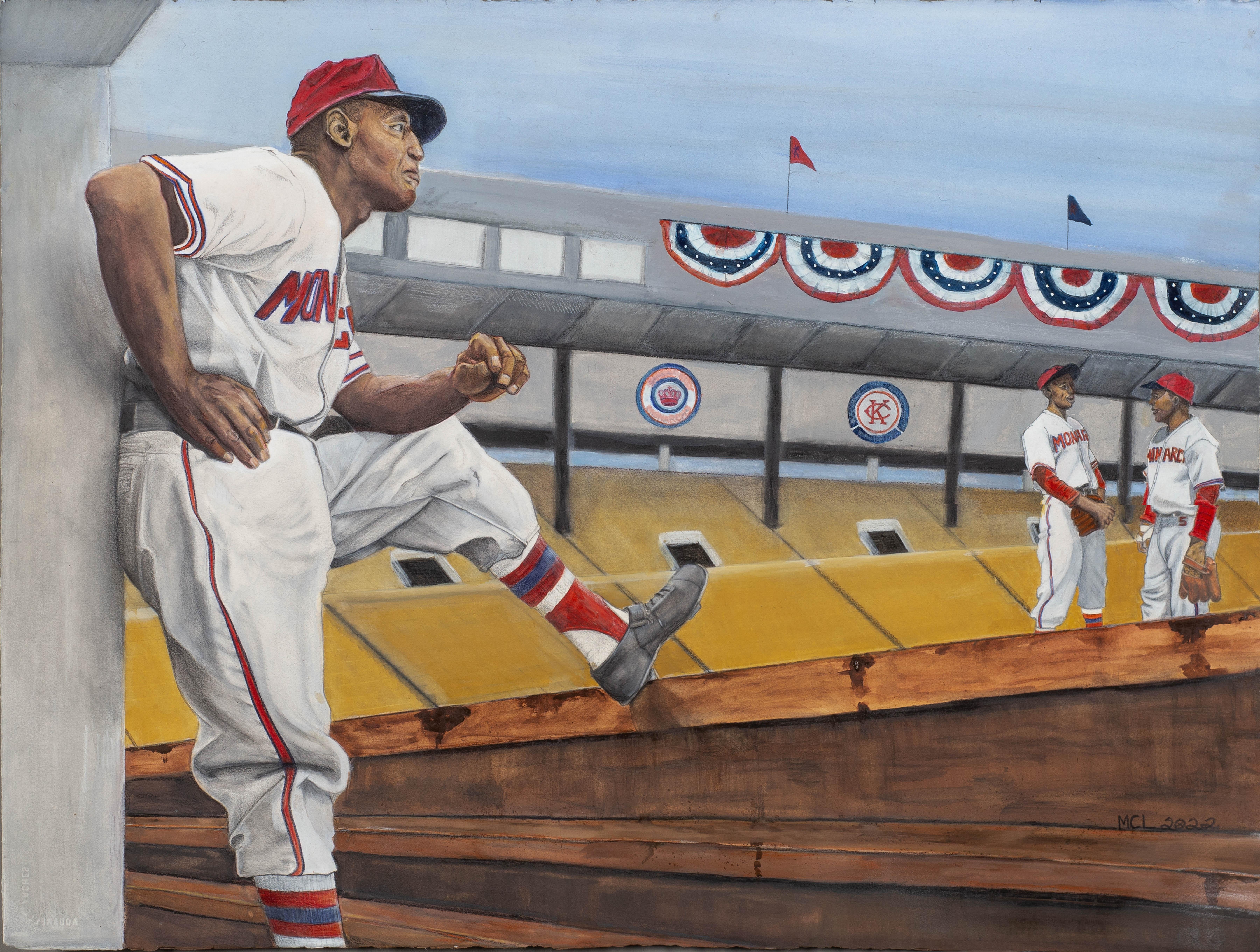 Margie Lawrence Figurative Painting – Schnallenschnalle O''Neil, Schultertasche & Jackie Robinson - Baseball Greats, gerahmtes Aquarell