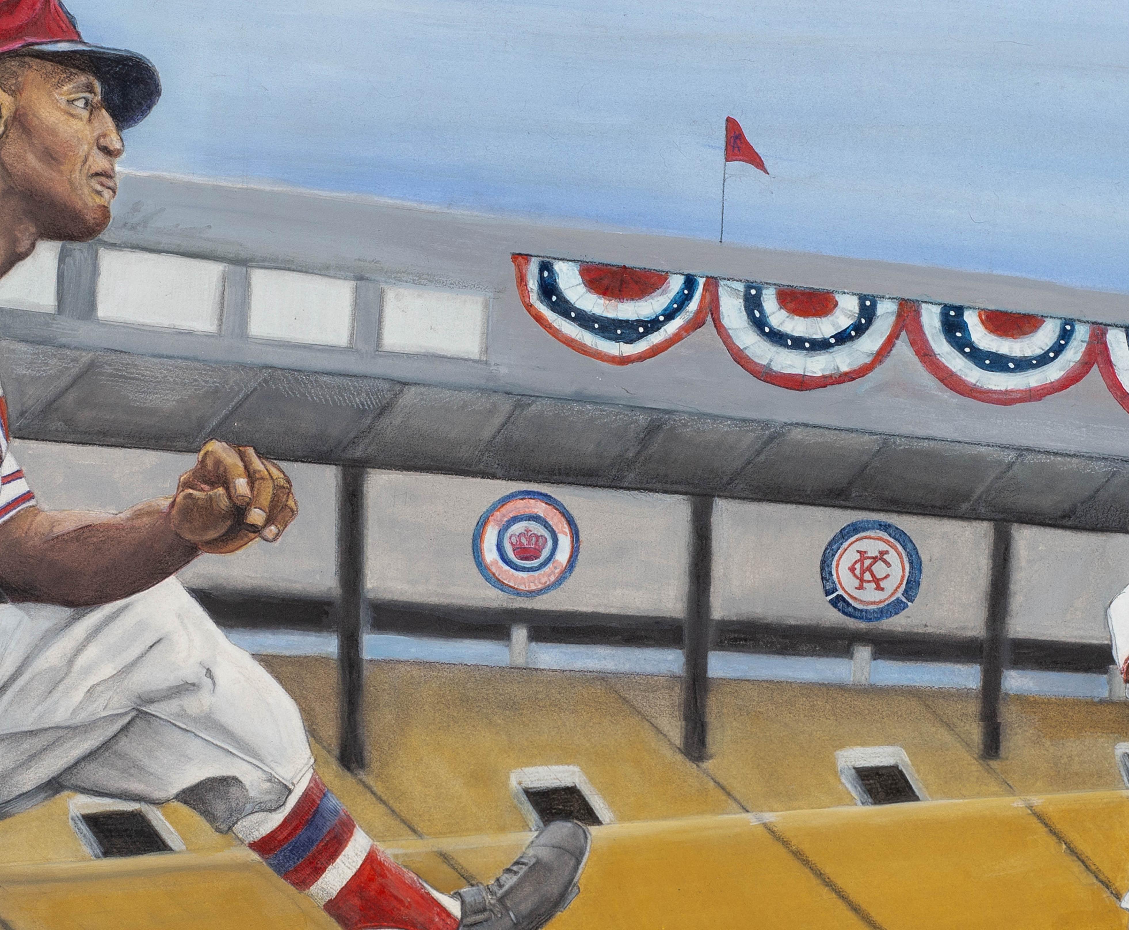 Buck O'Neil, Satchel Page & Jackie Robinson - Baseball Greats, Framed Watercolor - Contemporary Painting by Margie Lawrence