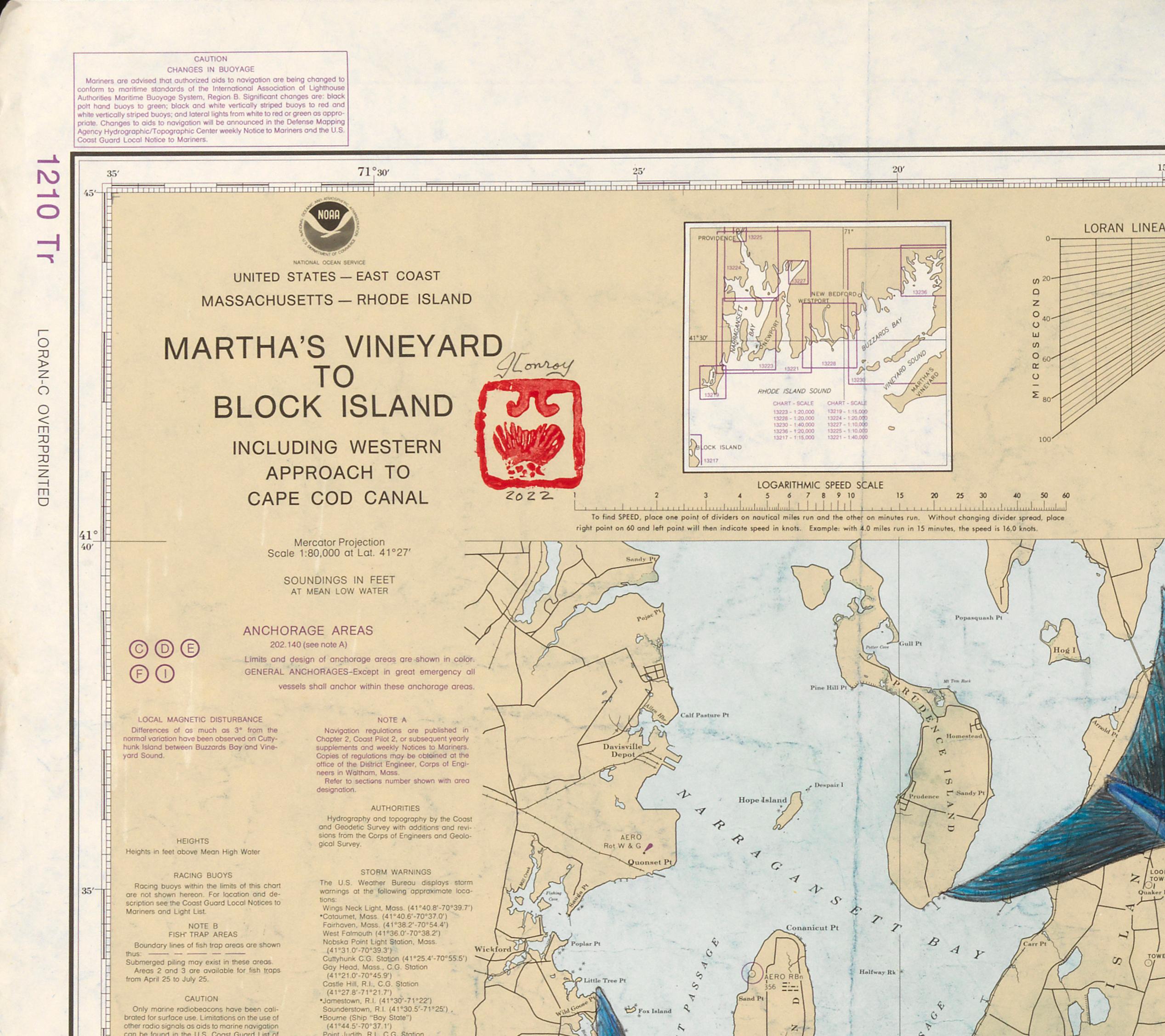 Martha's Vineyard to Block Island, Big Tuna - Painting on a Vintage Nautical Map - Art by Jeff Conroy