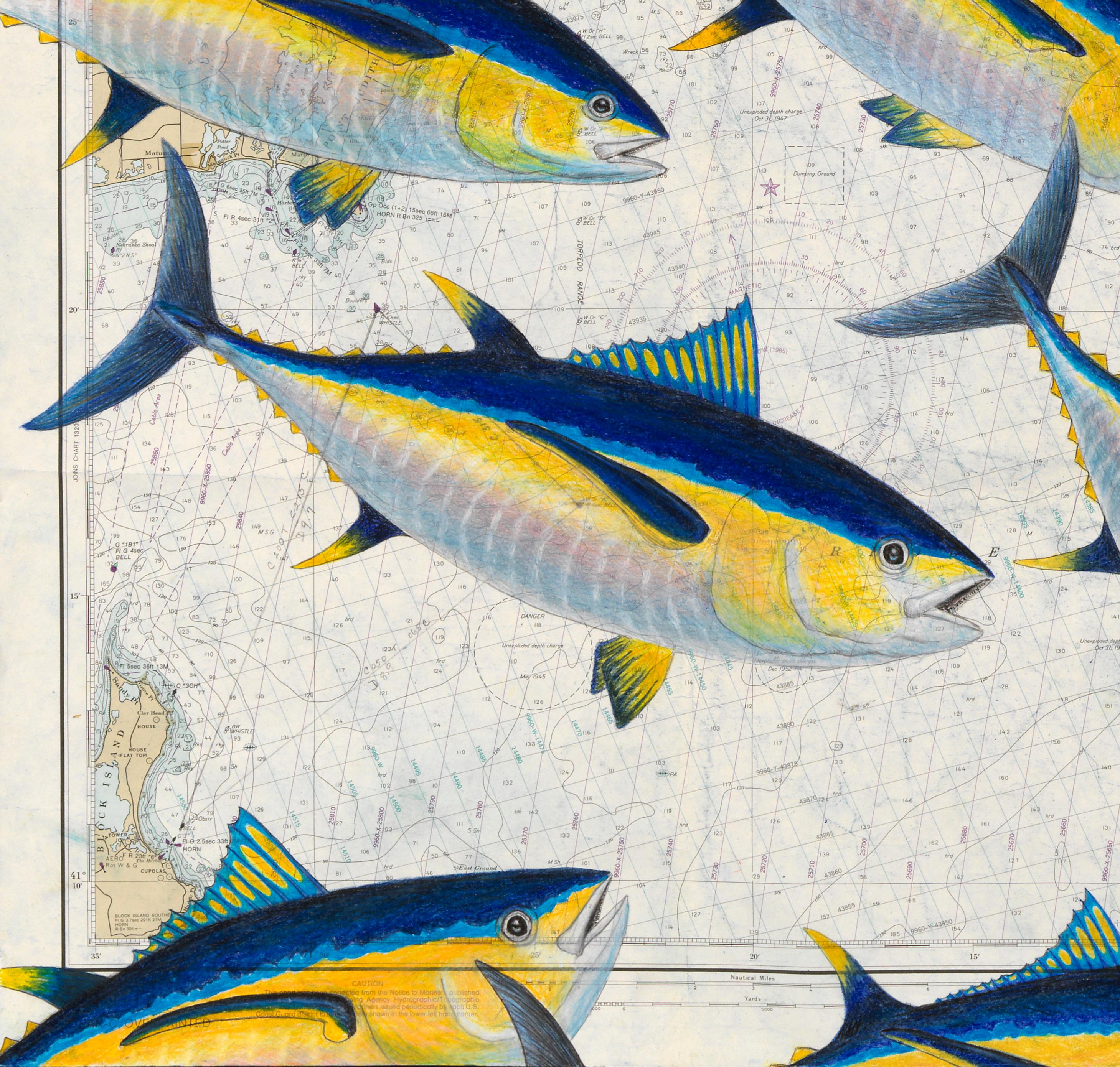 Martha's Vineyard to Block Island, Big Tuna - Painting on a Vintage Nautical Map 1