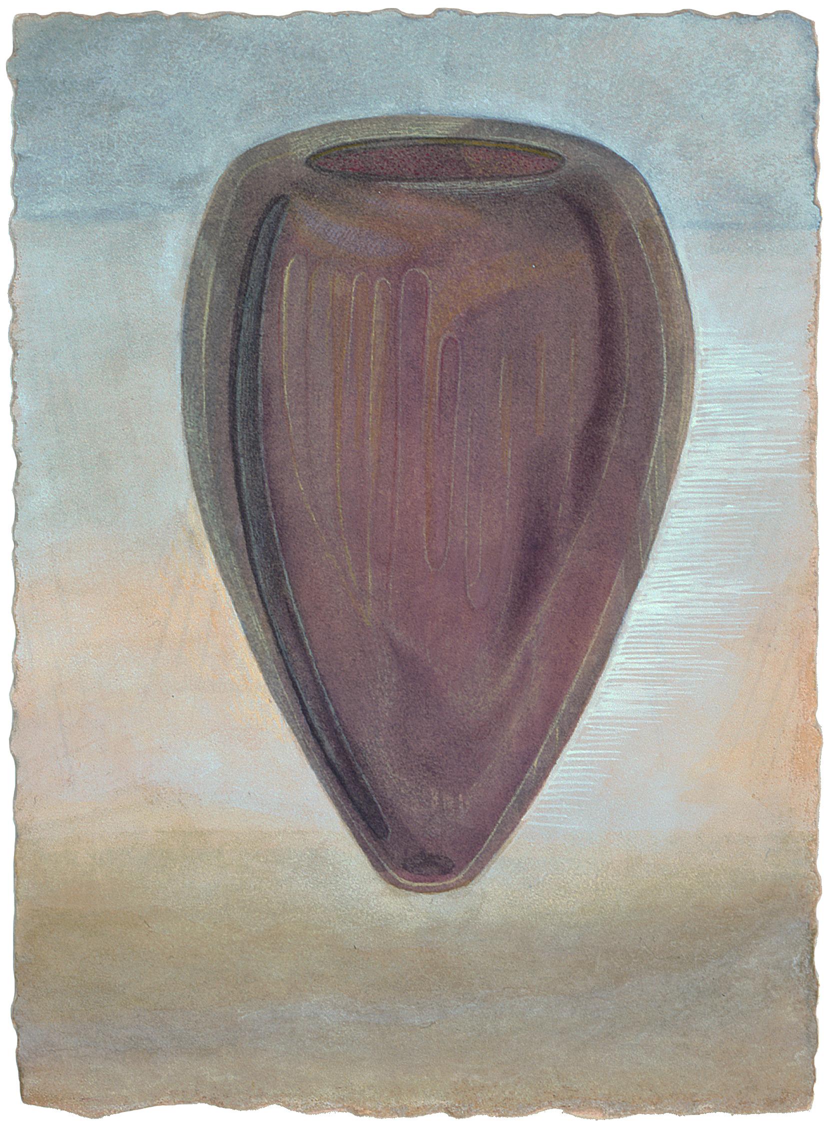 Christina Haglid Still-Life – Vase - Aquarell & Gouache auf Papier, lila Glasgefäß, Blassblau & Beige