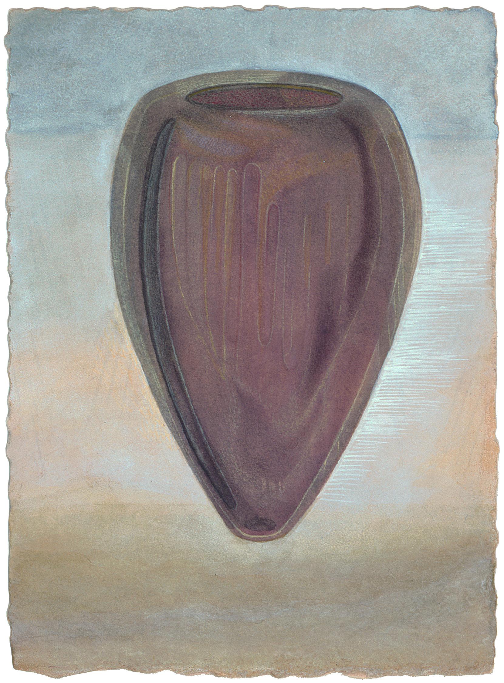 Vase - Aquarelle et gouache sur papier, récipient en verre violet, bleu pâle et beige