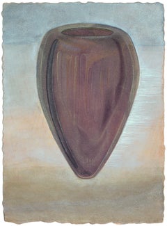 Vase - Watercolor & Gouache on Paper, Purple Glass Vessel, Pale Blue & Beige
