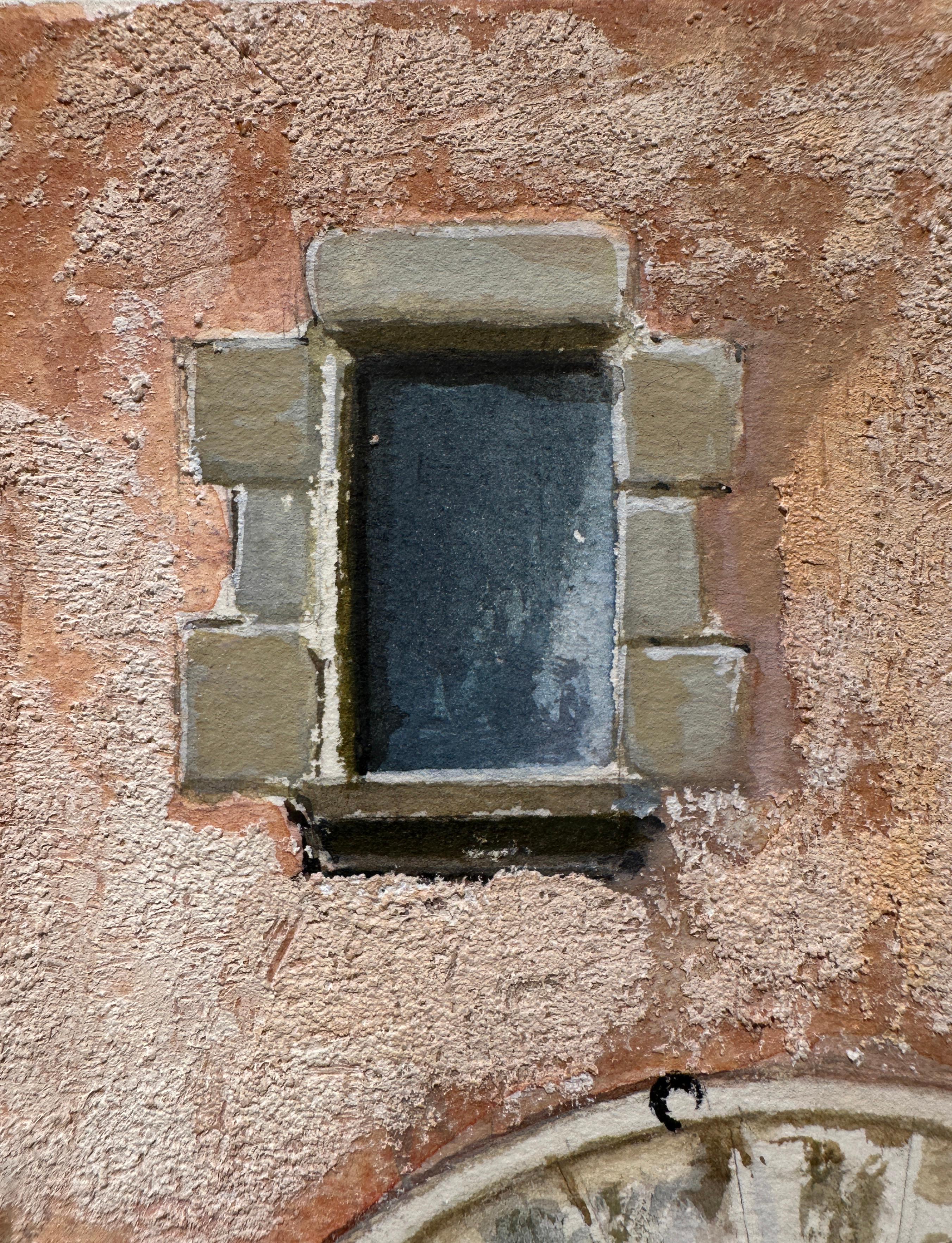 An ancient stone doorway is cut into a ochre colored wall revealing gentle staircase leading to a verdant landscape that is just out of view. The rough surface on the walls of this small painting is reminiscent of the stucco so very common