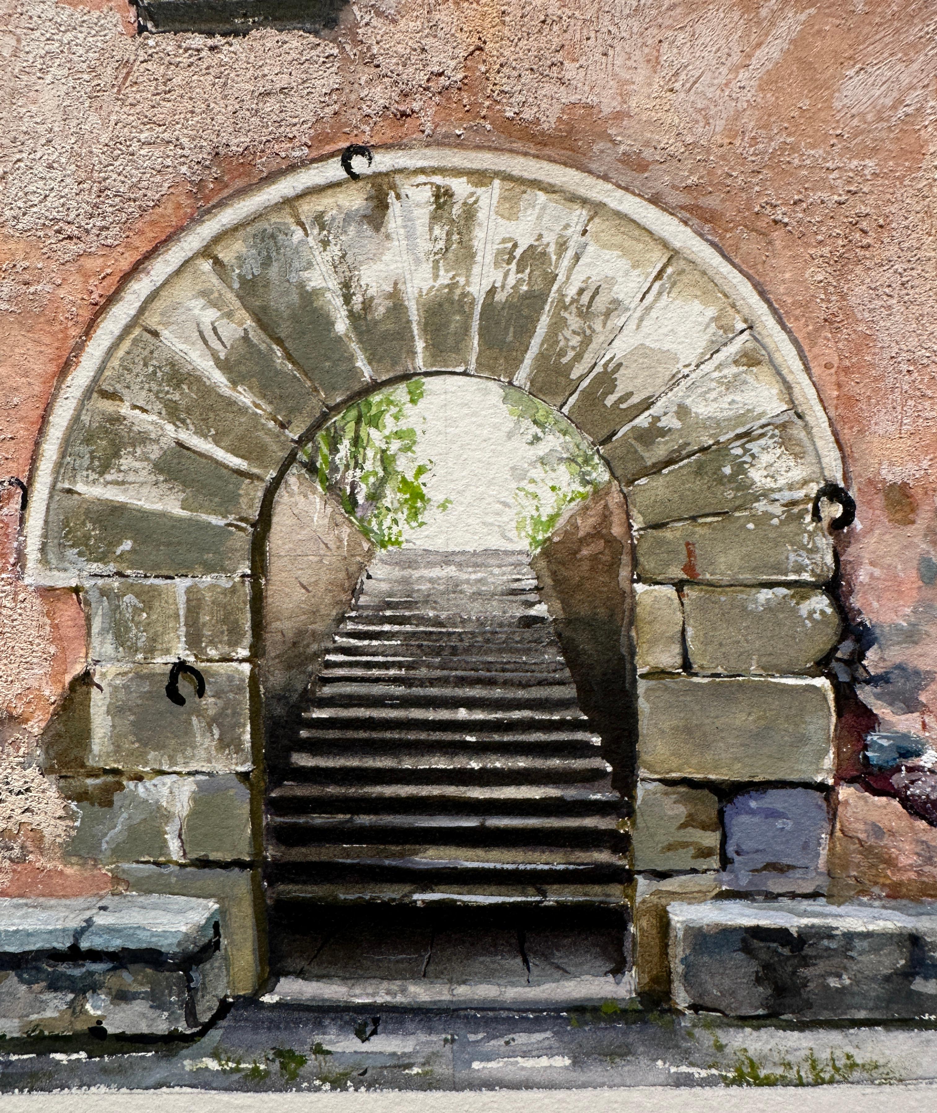 Ascencio - Ancient Architectural Arched Doorways Leading to Verdant Landscape - Contemporary Art by Carol Pylant