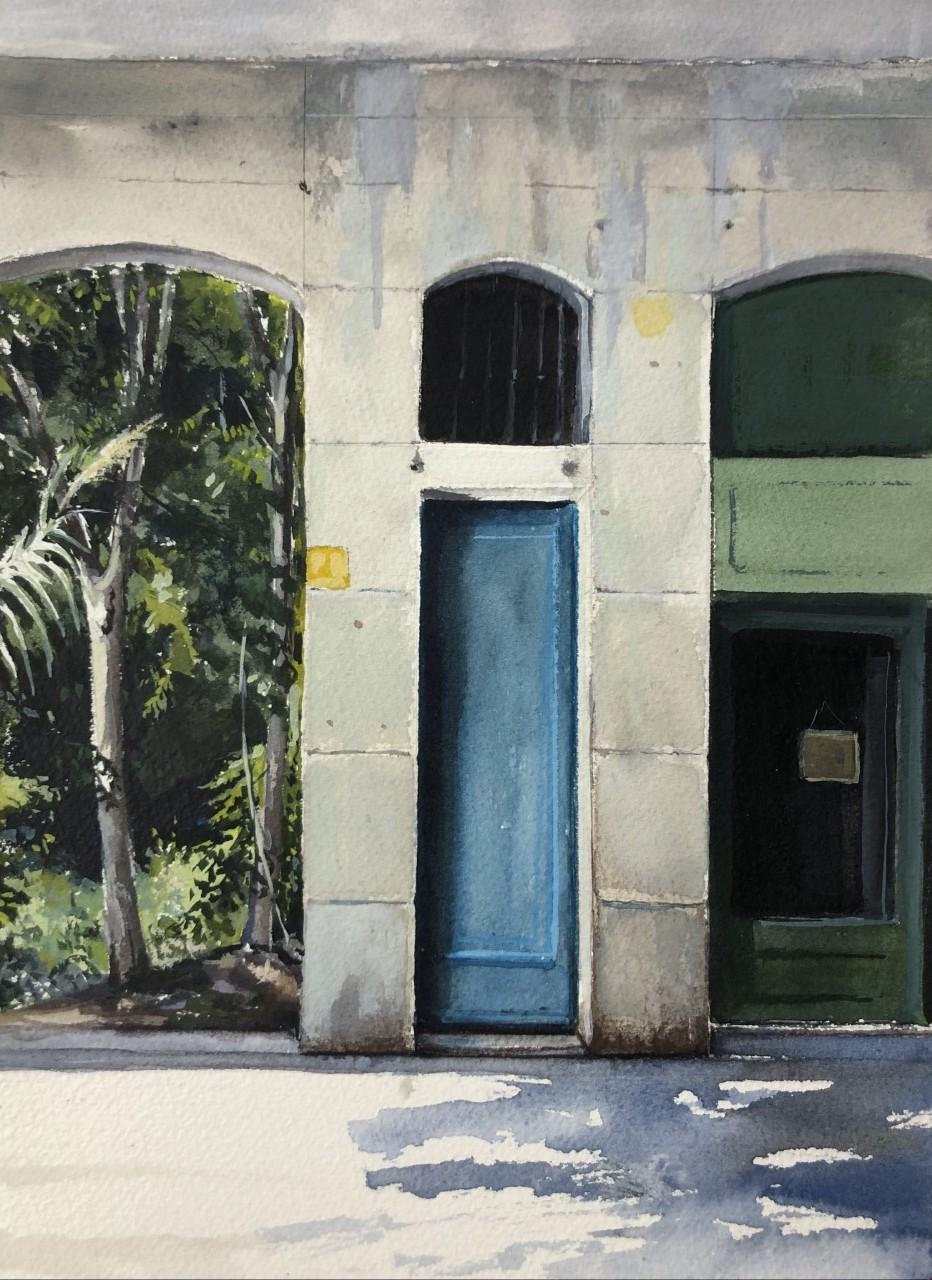 Carol Pylant Landscape Art - Girona Blue Door - Three Architectural Stone Doorways, Lush Tropical Landscape