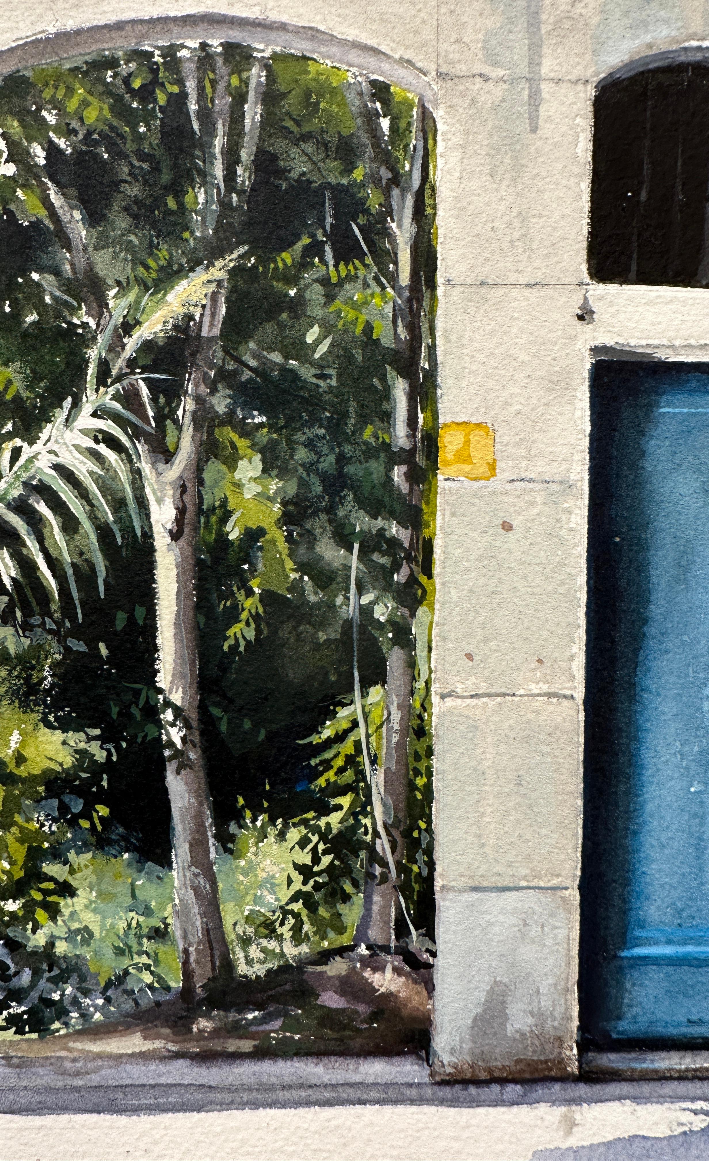 Girona Blue Door - Three Architectural Stone Doorways, Lush Tropical Landscape - Contemporary Art by Carol Pylant
