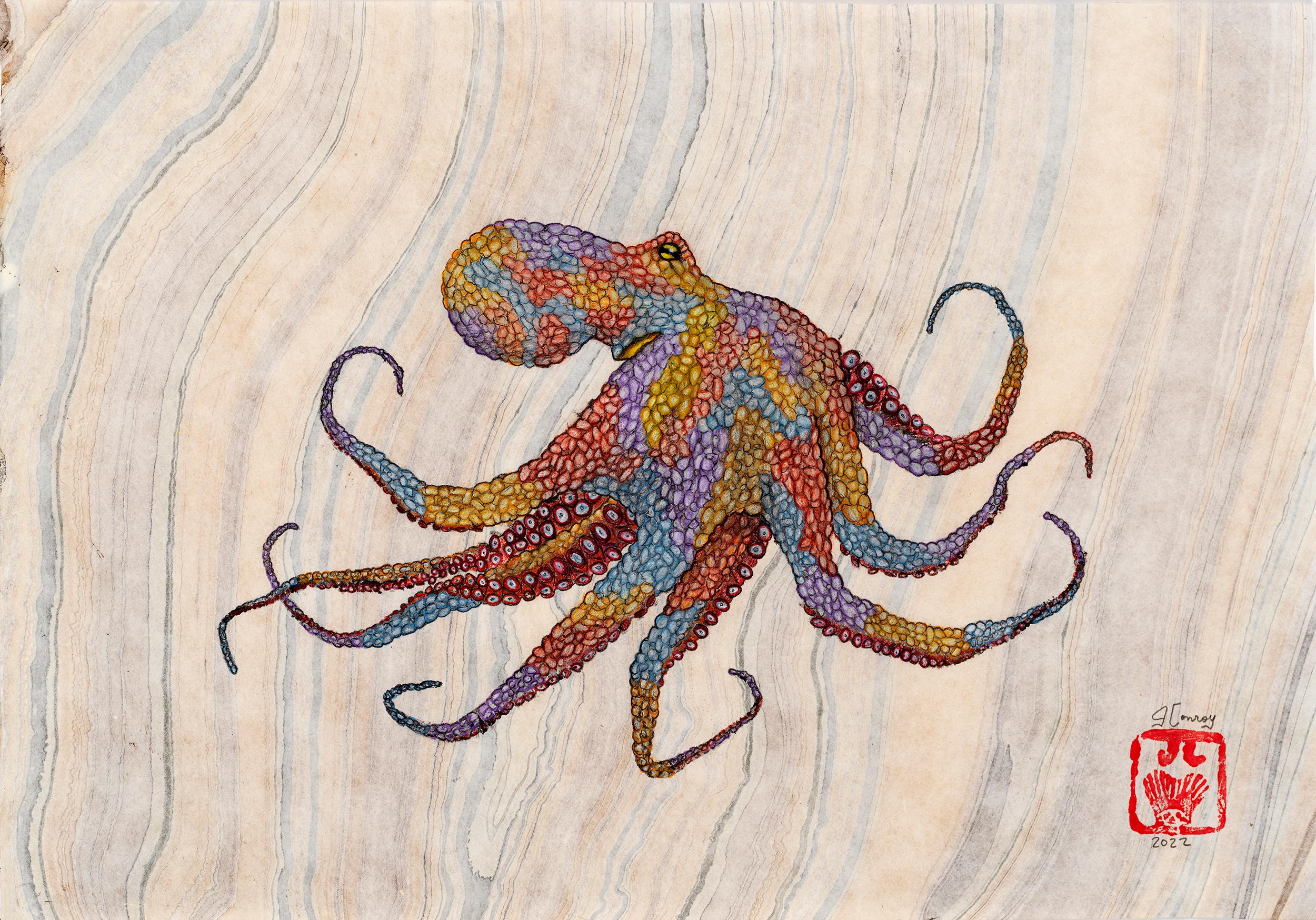 Jeff Conroy Animal Painting - Rainbow Sherbet - Gyotaku Style Sumi Ink Painting of a Multi-Colored Octopus 