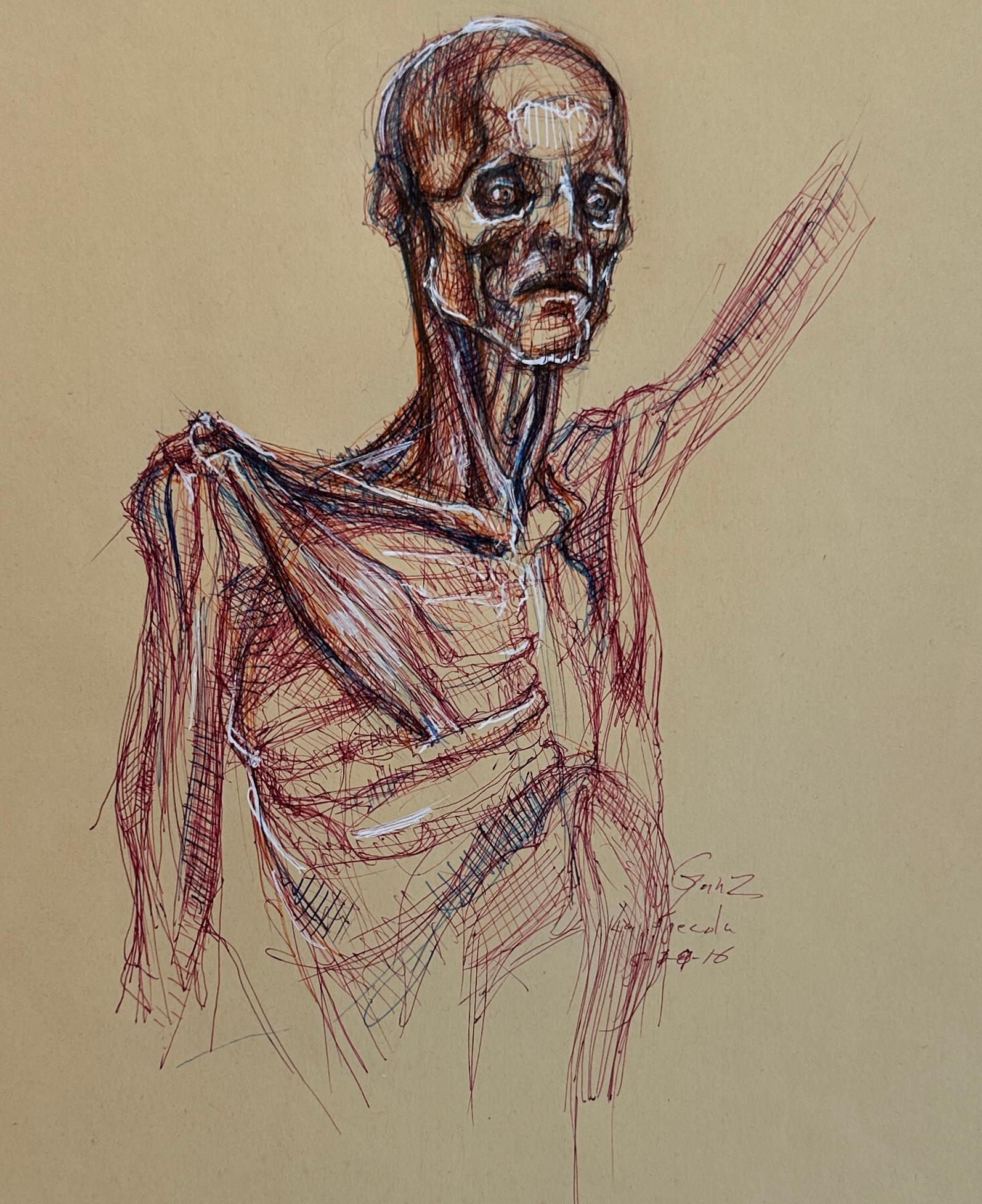 Christopher Ganz Figurative Art - Flayed Wax-Cast Figure - Original Ink Drawing, Matted and Signed