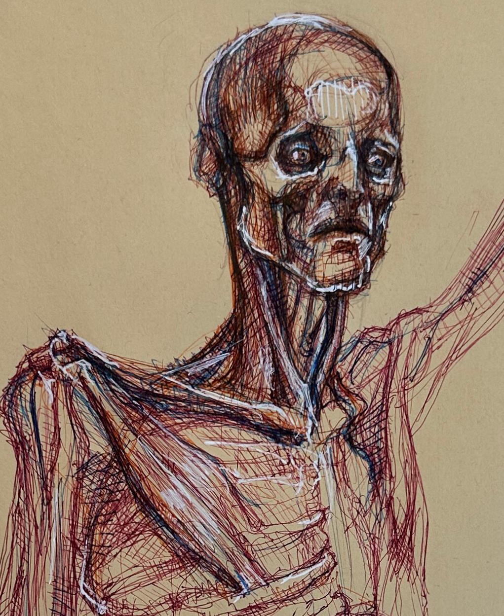 Flayed Wax-Cast Figure - Original Ink Drawing, Matted and Signed - Art by Christopher Ganz