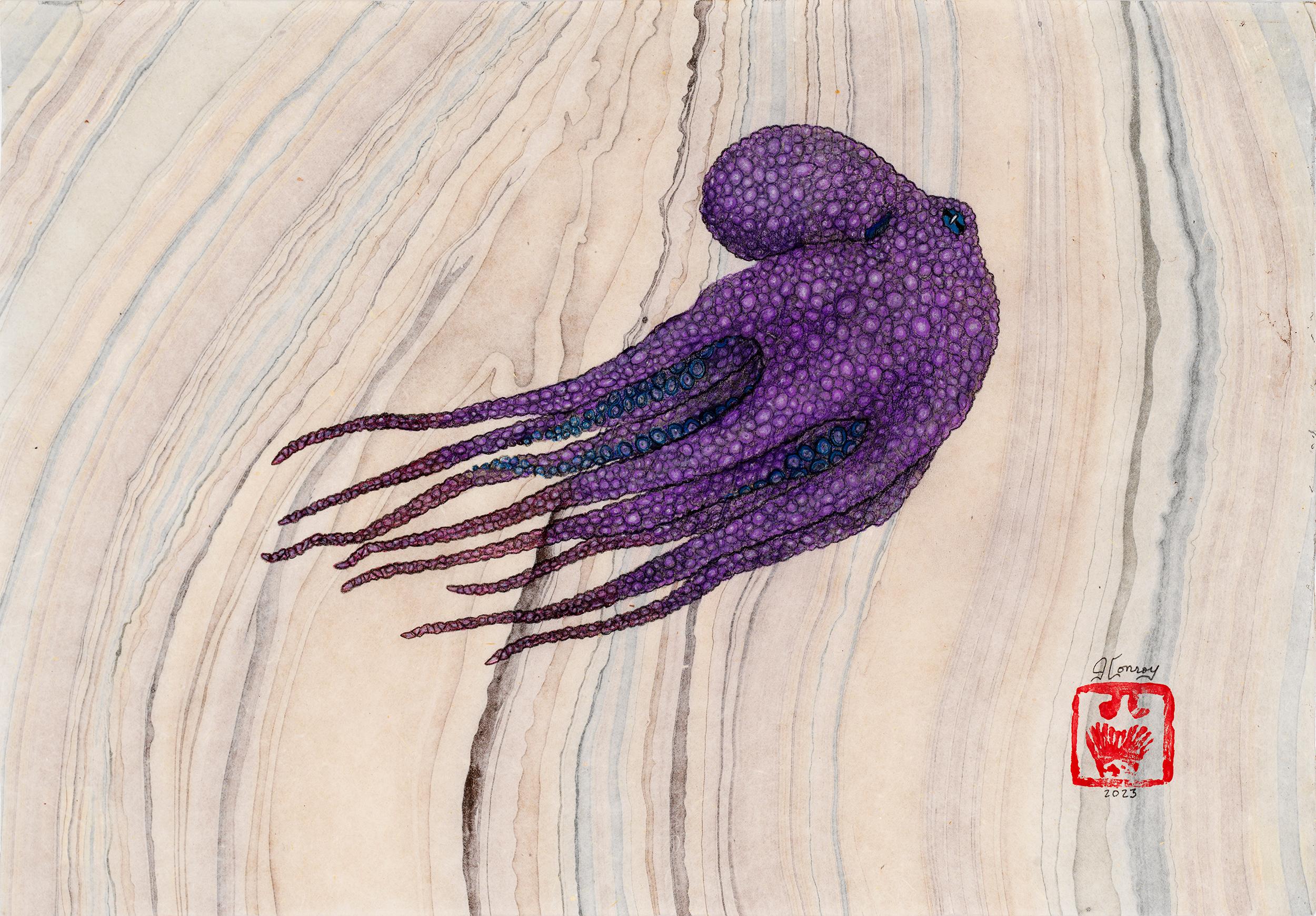 Peinture à l'encre Sumi de style Gyotaku, violette, représentant un pieuvre de couleur violette 