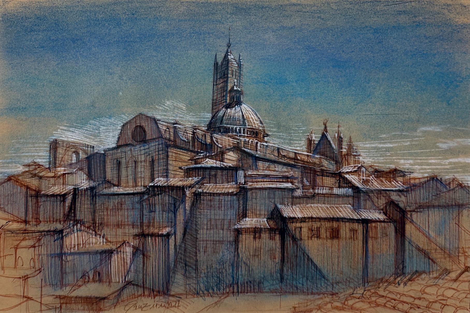 Christopher Ganz Landscape Painting - View of Siena with the Duomo - Ink and Crayon Drawing, Matted and Framed