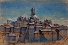 View of Siena with the Duomo - Ink and Crayon Drawing, Matted and Framed