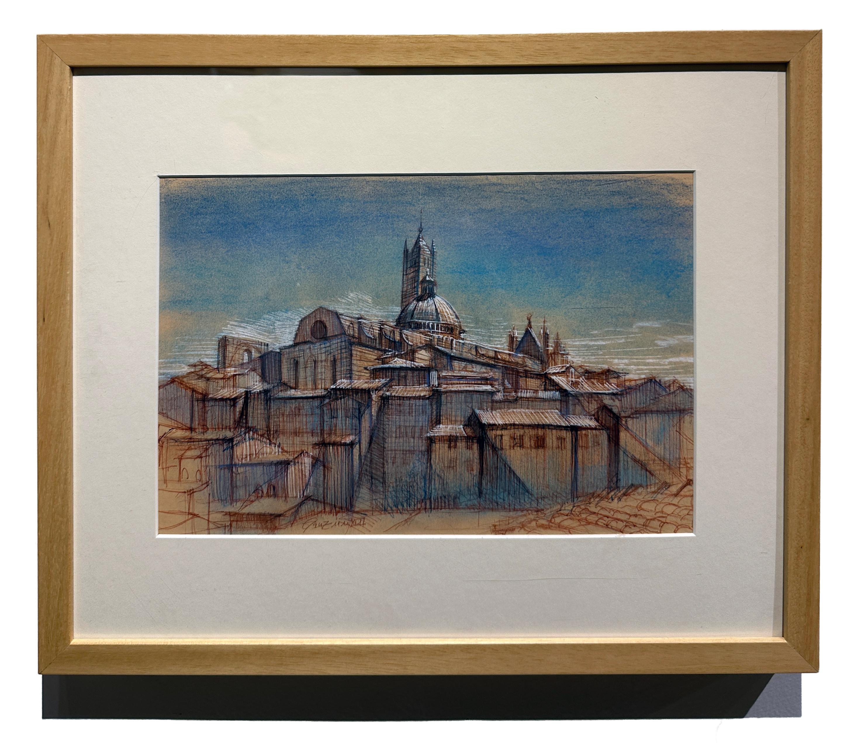 View of Siena with the Duomo - Ink and Crayon Drawing, Matted and Framed - Painting by Christopher Ganz