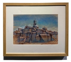 View of Siena with the Duomo - Ink and Crayon Drawing, Matted and Framed