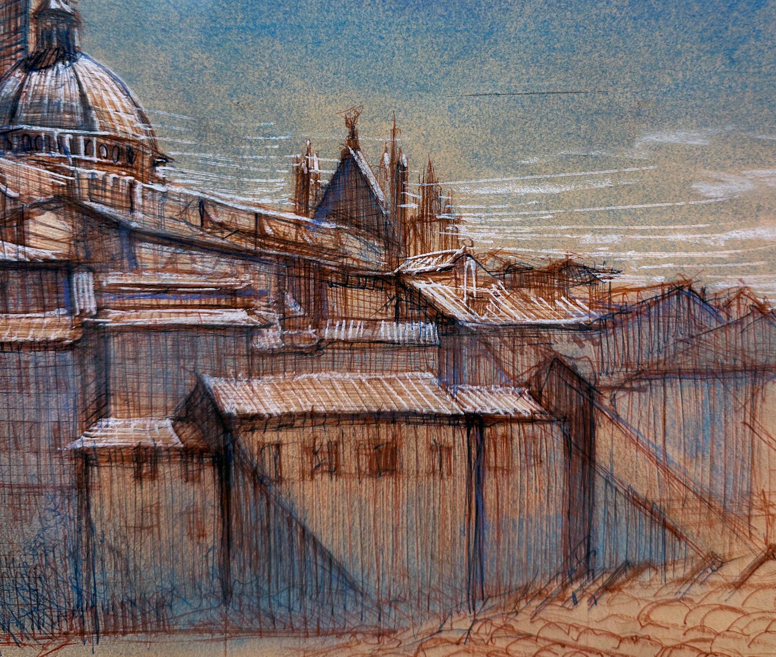 The loose hash marks come together in this colored pen and conte crayon drawing of the Tuscan countryside with a view into Siena with its fabulous Duomo.  This piece is matted with a buttery hued mat and framed in a simple oak colored wooden frame