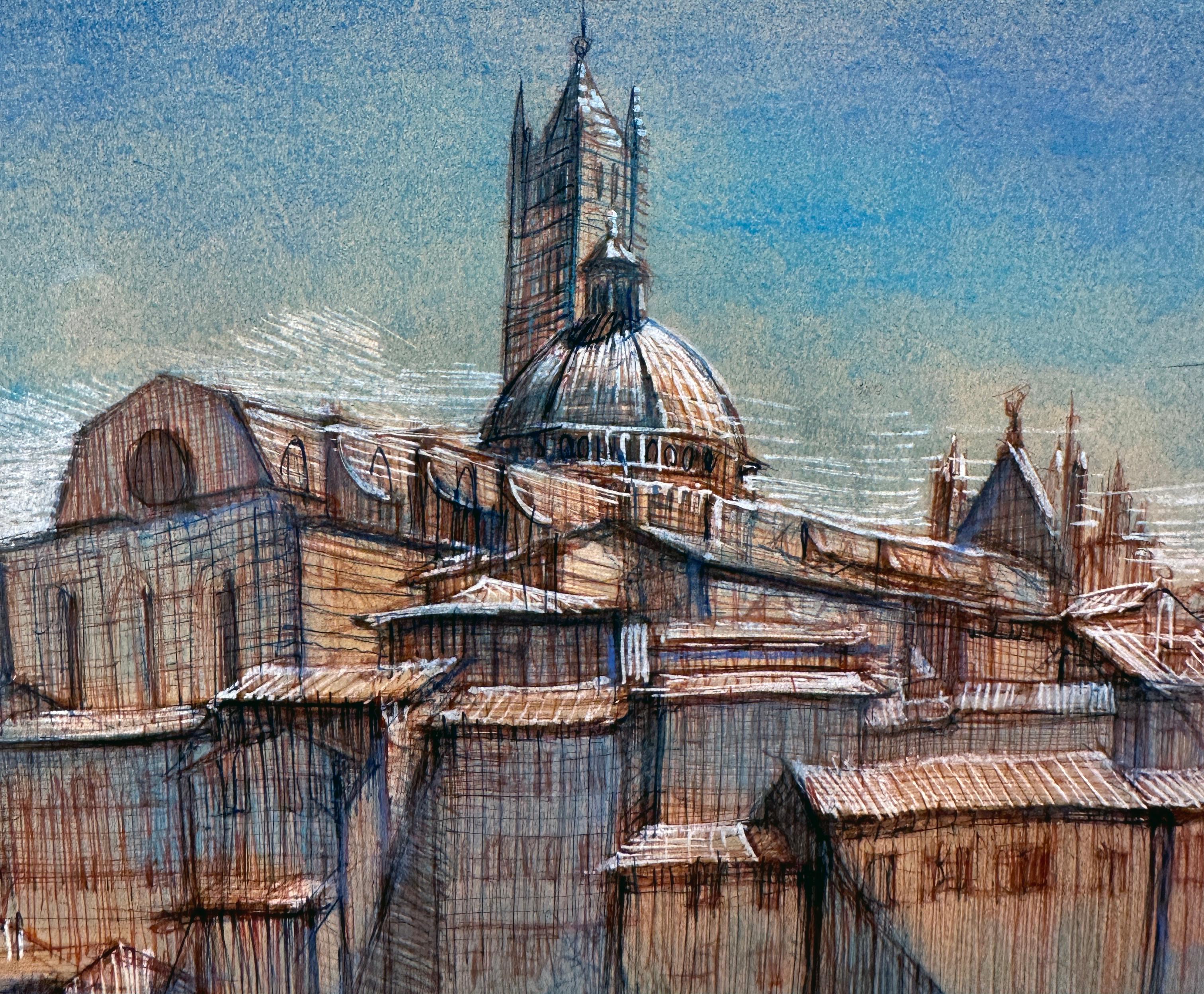 Vue de Sienne avec le Duomo - Dessin à l'encre et au crayon, mat et encadré en vente 1
