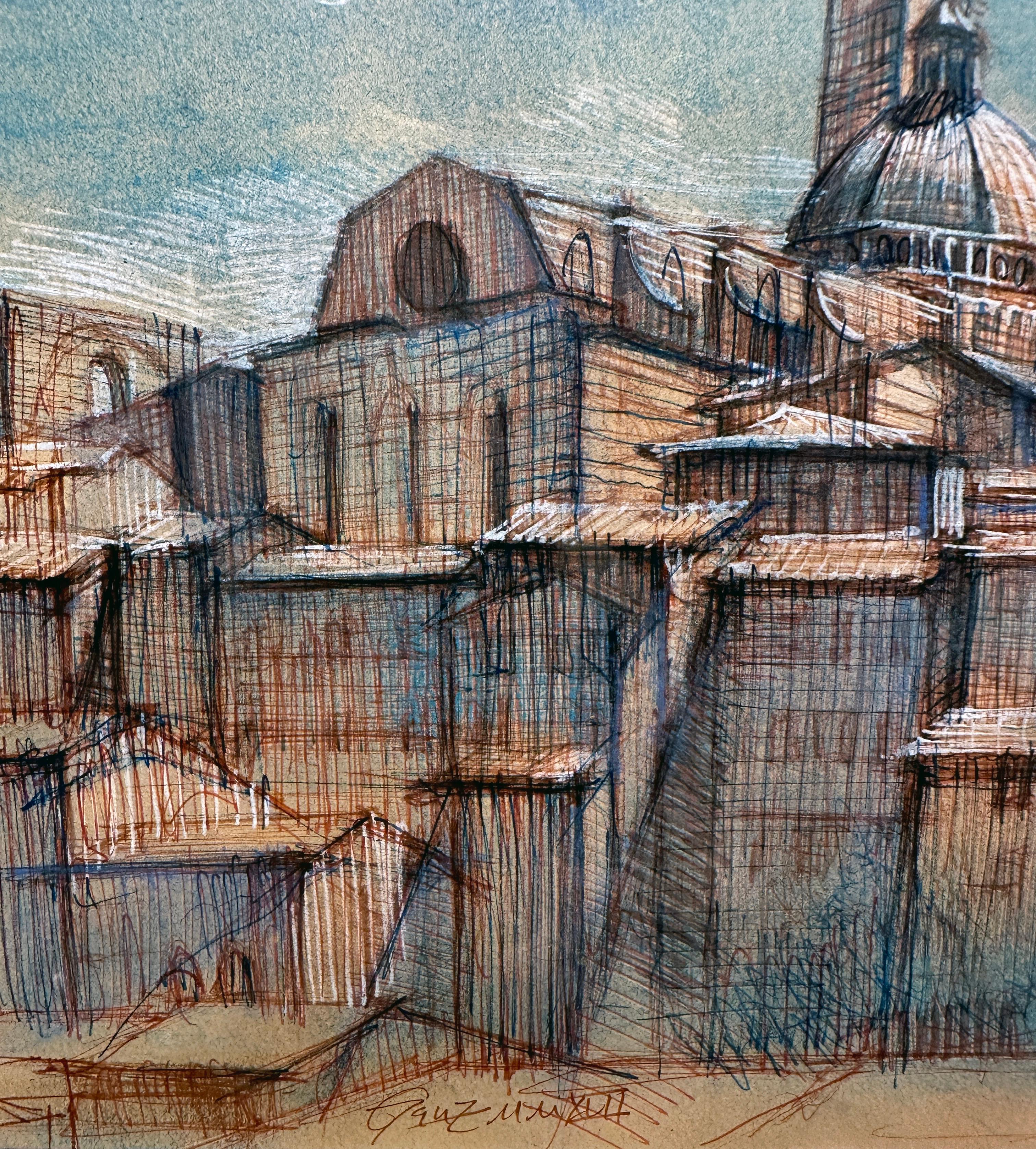 View of Siena with the Duomo - Ink and Crayon Drawing, Matted and Framed - Contemporary Painting by Christopher Ganz