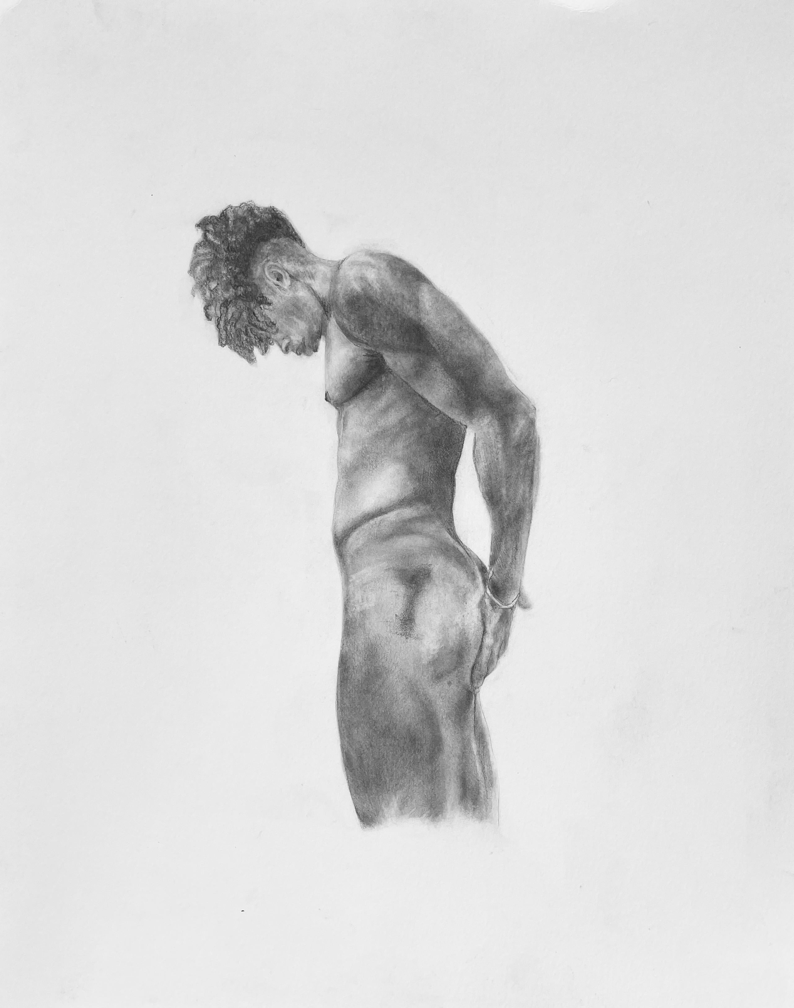 Rick Sindt Figurative Art - The Body is a Cascade - Muscular Male Nude, Graphite Drawing on Paper