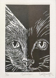 Isoscoles - Close Up of a Cat, Black and White Etching, Matted and Framed