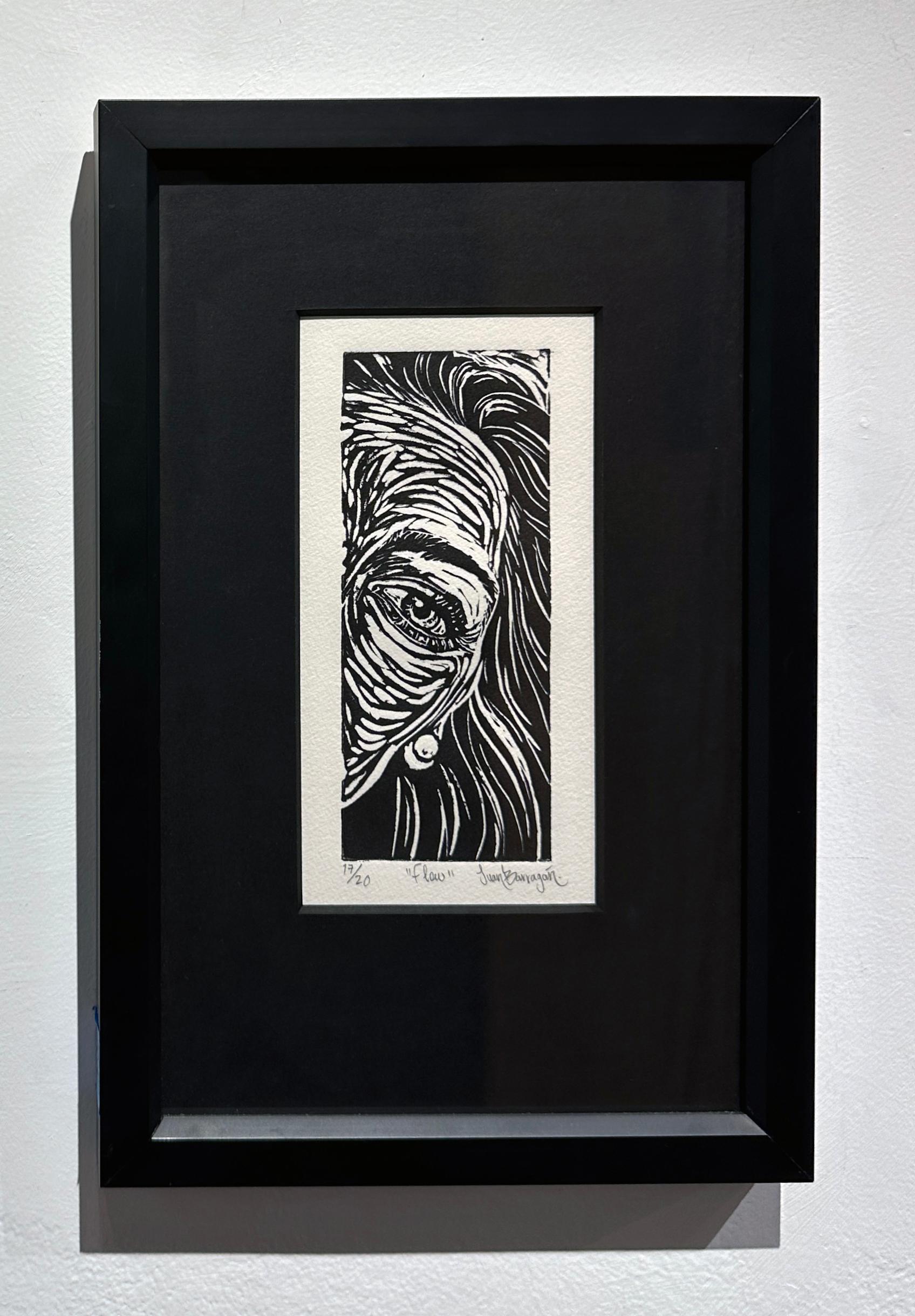 Flow - Black and White Etching of a Female with Long Hair, Matted and Framed For Sale 1