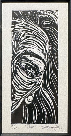 Flow - Black and White Etching of a Female with Long Hair, Matted and Framed