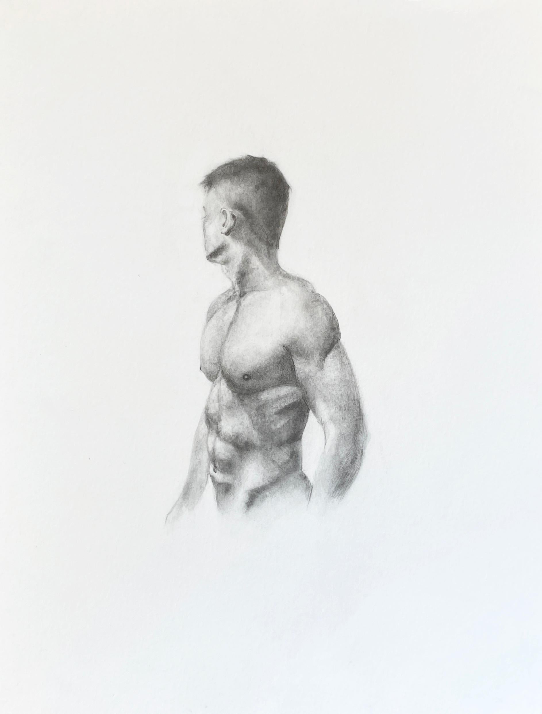 The Body is Sacred - Muscular Male Nude, Graphite Drawing on Paper, Framed