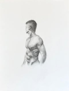 Retro The Body is Sacred - Muscular Male Nude, Graphite Drawing on Paper, Framed