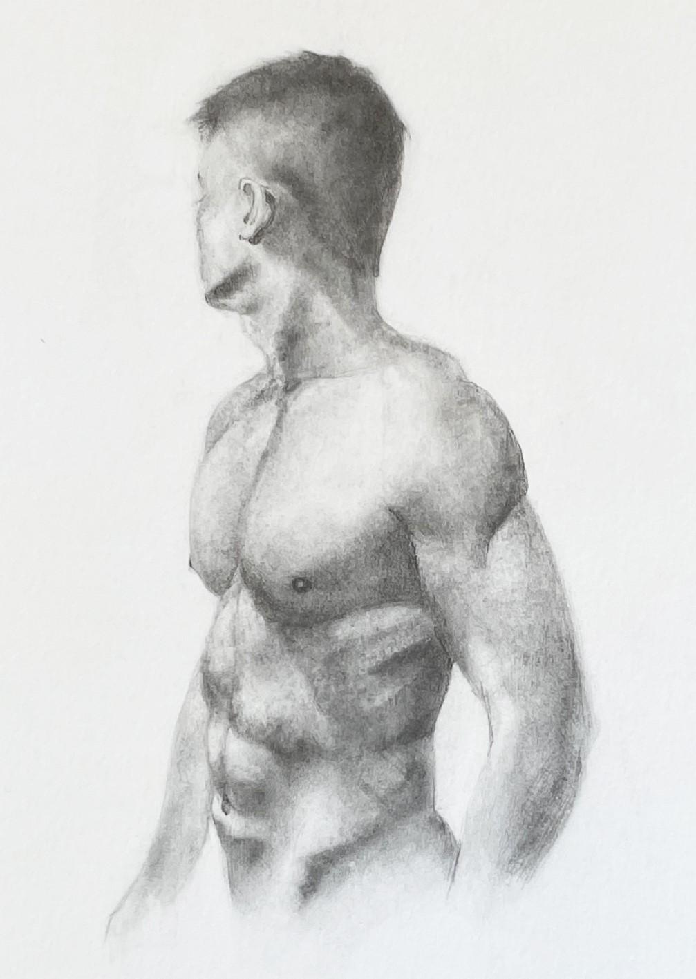 The Body is Sacred - Muscular Male Nude, Graphite Drawing on Paper, Framed - Art by Rick Sindt