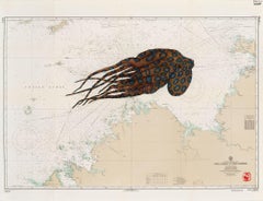 Der blaue Ring des Cape Fourcroy - Gyotaku-Gemälde des Achtecks auf nautischer Karte
