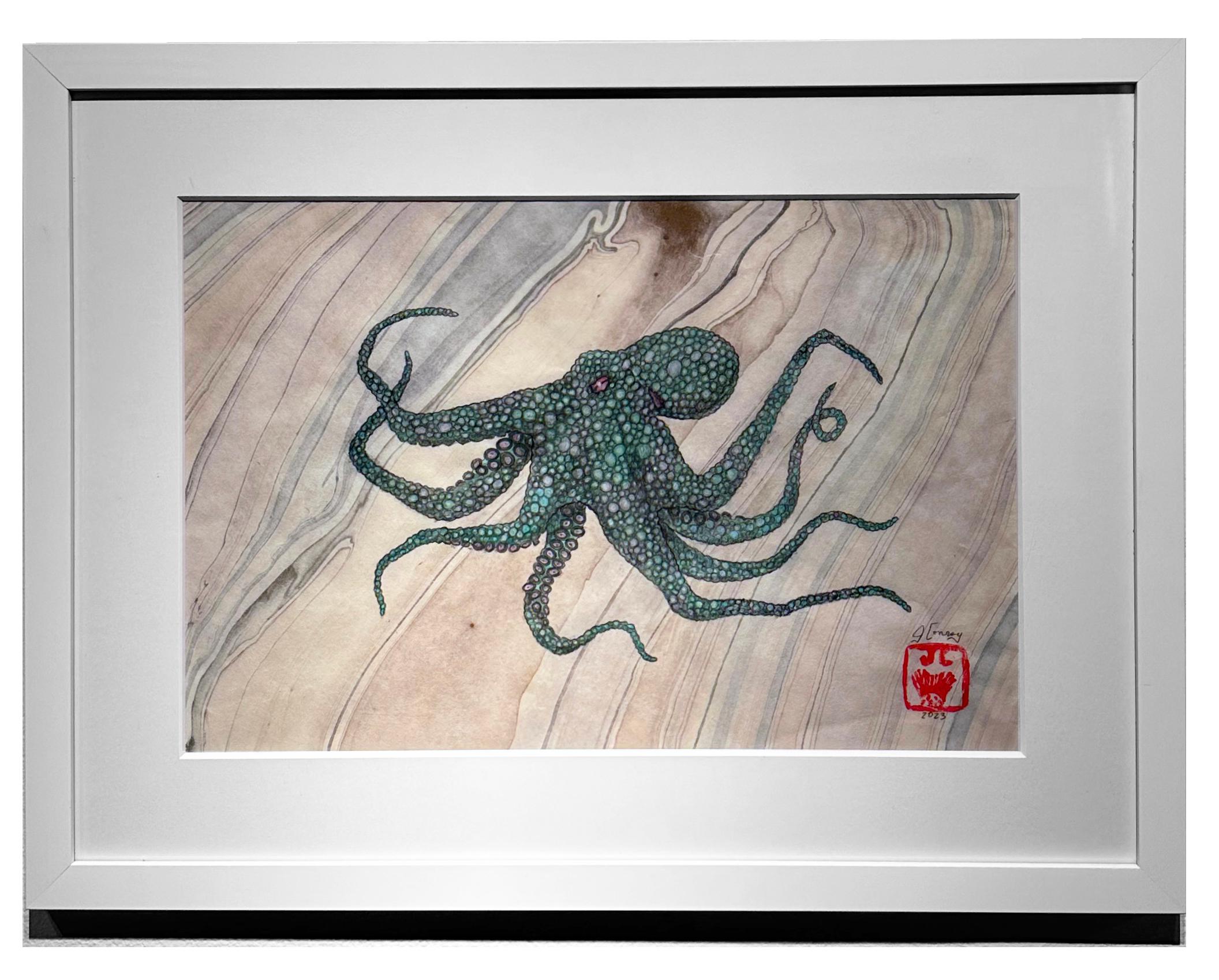 Absinthe Makes The Heart Grow Fonder - Pulpo, Pintura de Tinta Sumi Estilo Gyotaku en venta 3